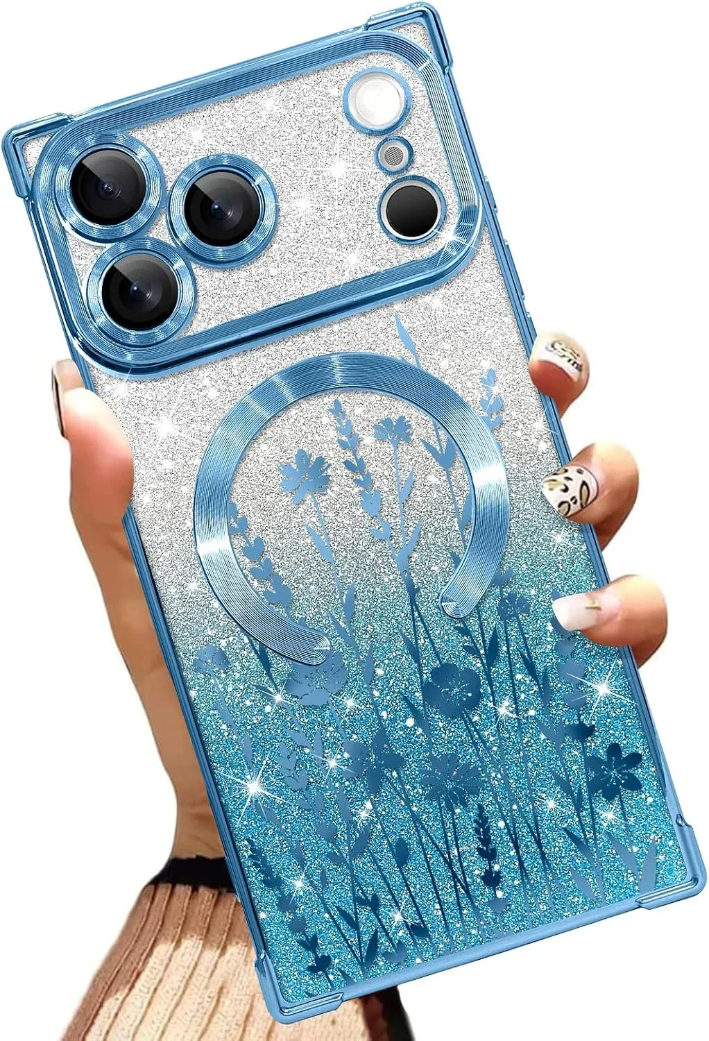 Illians Glitter Phone Case Made for iPhone 17 Pro 6.3 Inch, Blue Flowers