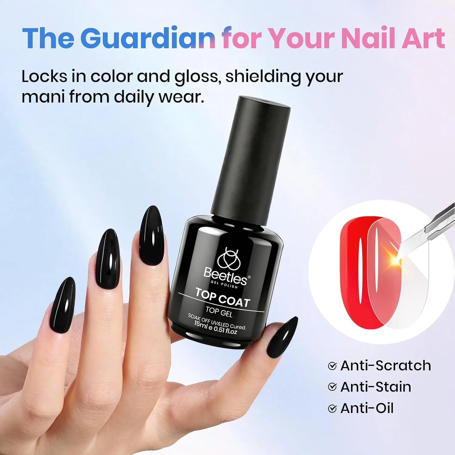 Beetles 2 Pcs 15ml No Wipe Gel Top Coat and Base Coat Set