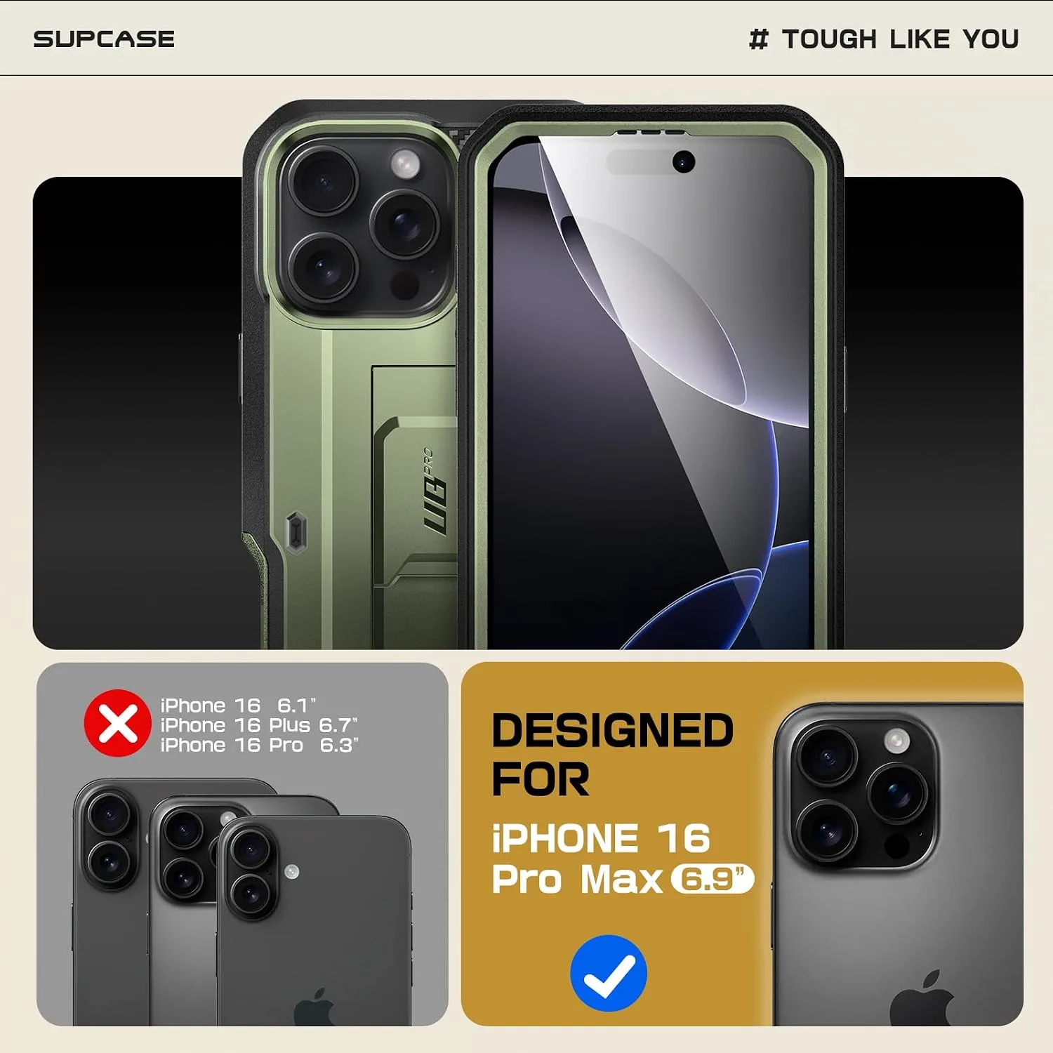 SUPCASE for iPhone 16 Pro Max Case with Screen Protector & Stand, Green