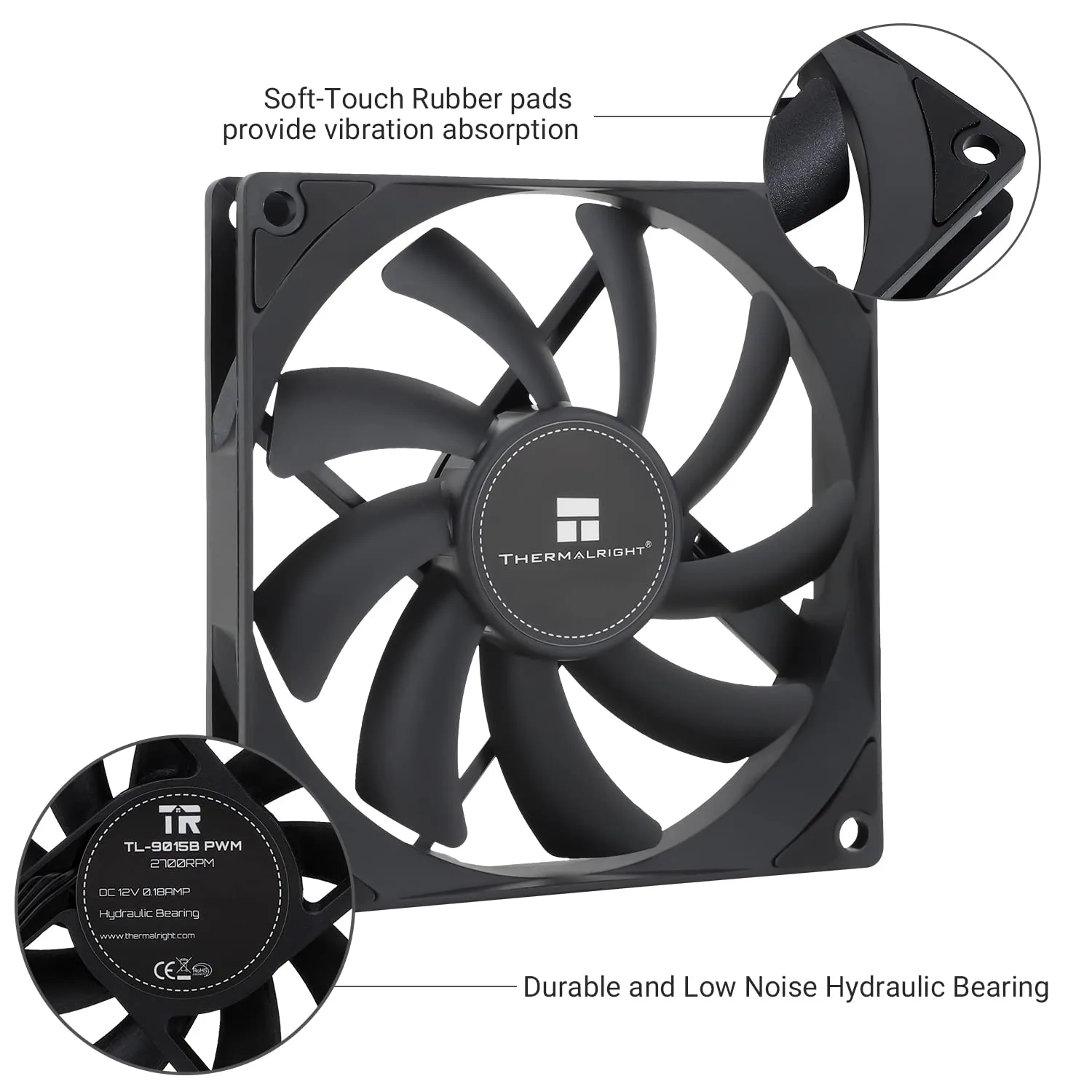 Thermalright TL-9015B CPU Fan, Computer Case Cooling Quiet 4pin PWM PC Fan with 15mm Slimline Cooler, 2700RPM Speed, 92mm CPU Cooling(Black)