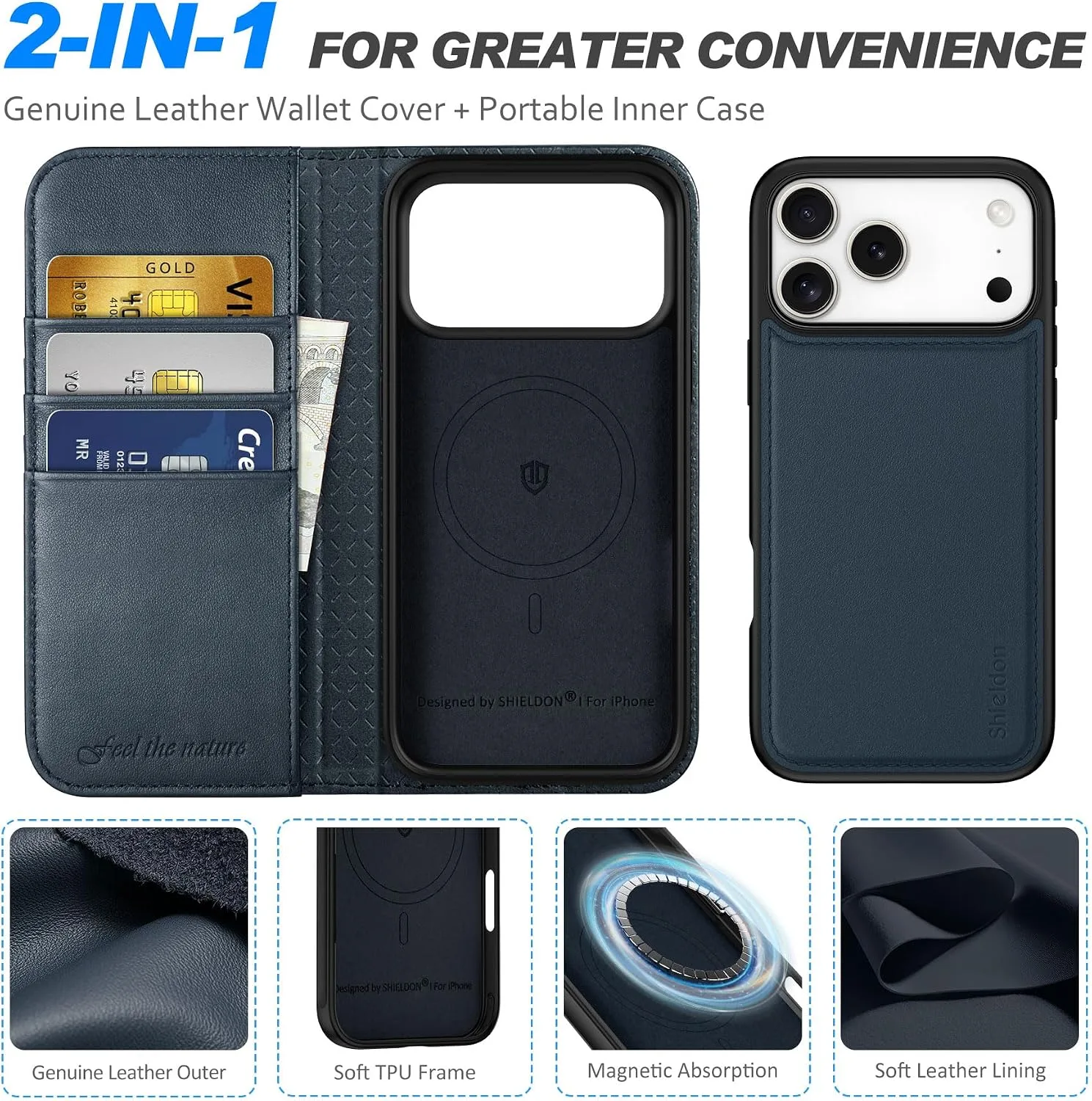 SHIELDON Detachable Wallet Case for iPhone 18 Pro Max/17 Pro Max, Navy Blue
