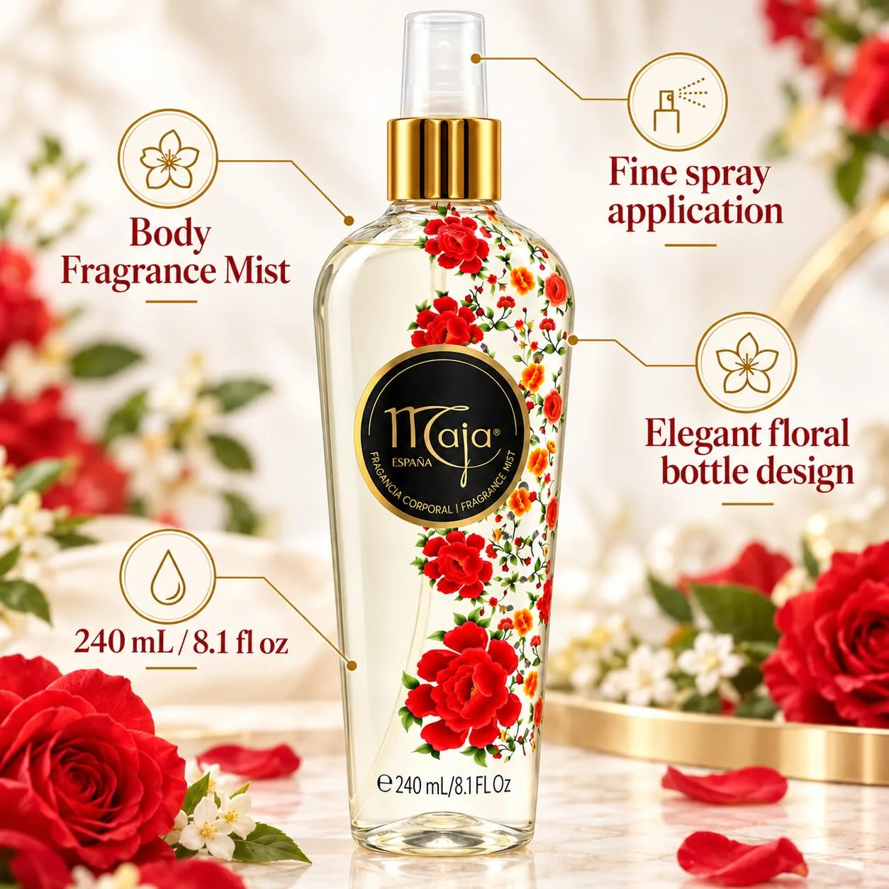 Maja Classic Perfumed Body Mist, Delicately Scented to refresh your Body with Flowers Essential Oils, Transparent, 8.1 Fl Oz, Spray Bottle