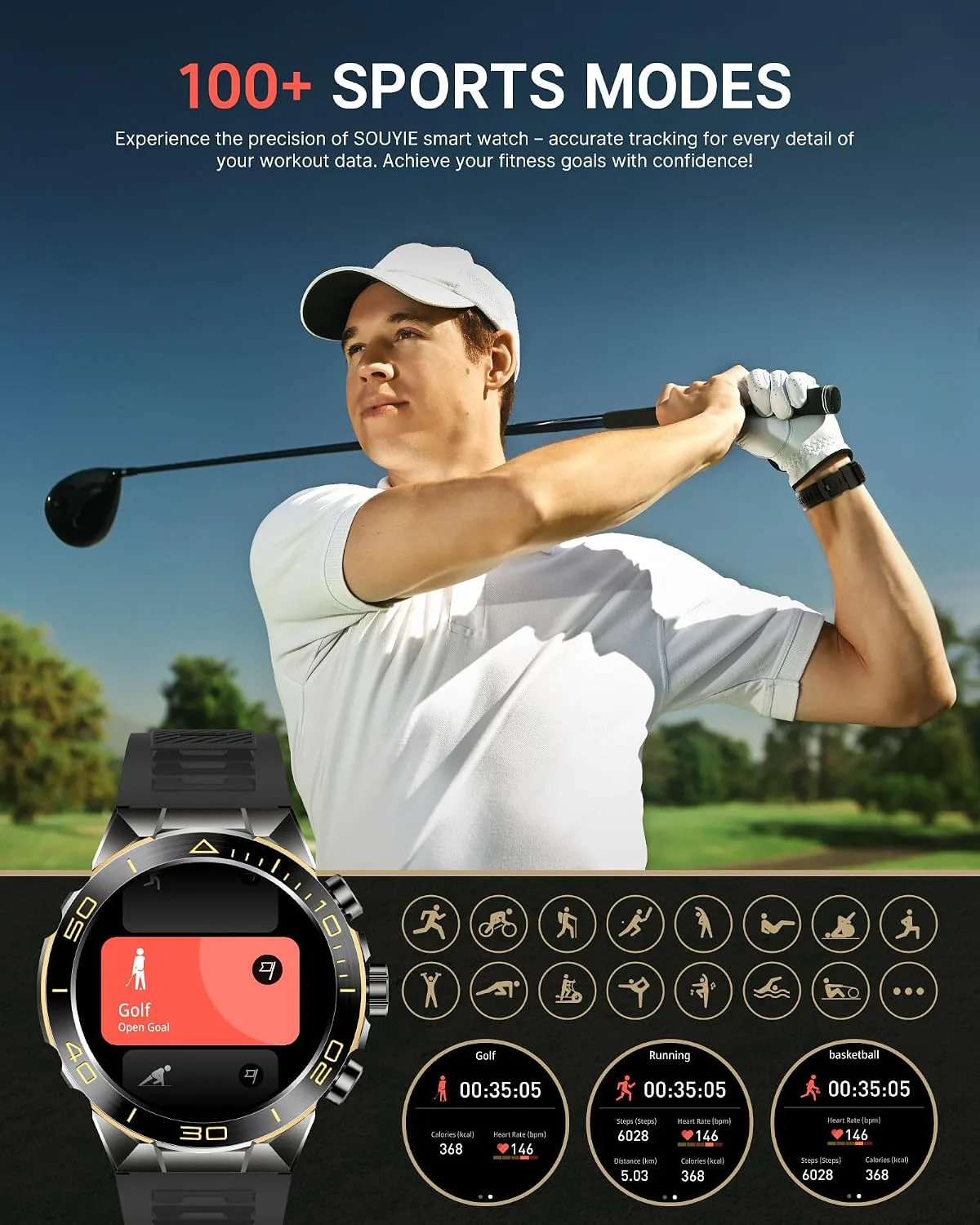 SOUYIE Luxury Smart Watch for Men Bluetooth Call, 1.43" AMOLED, iOS/Android