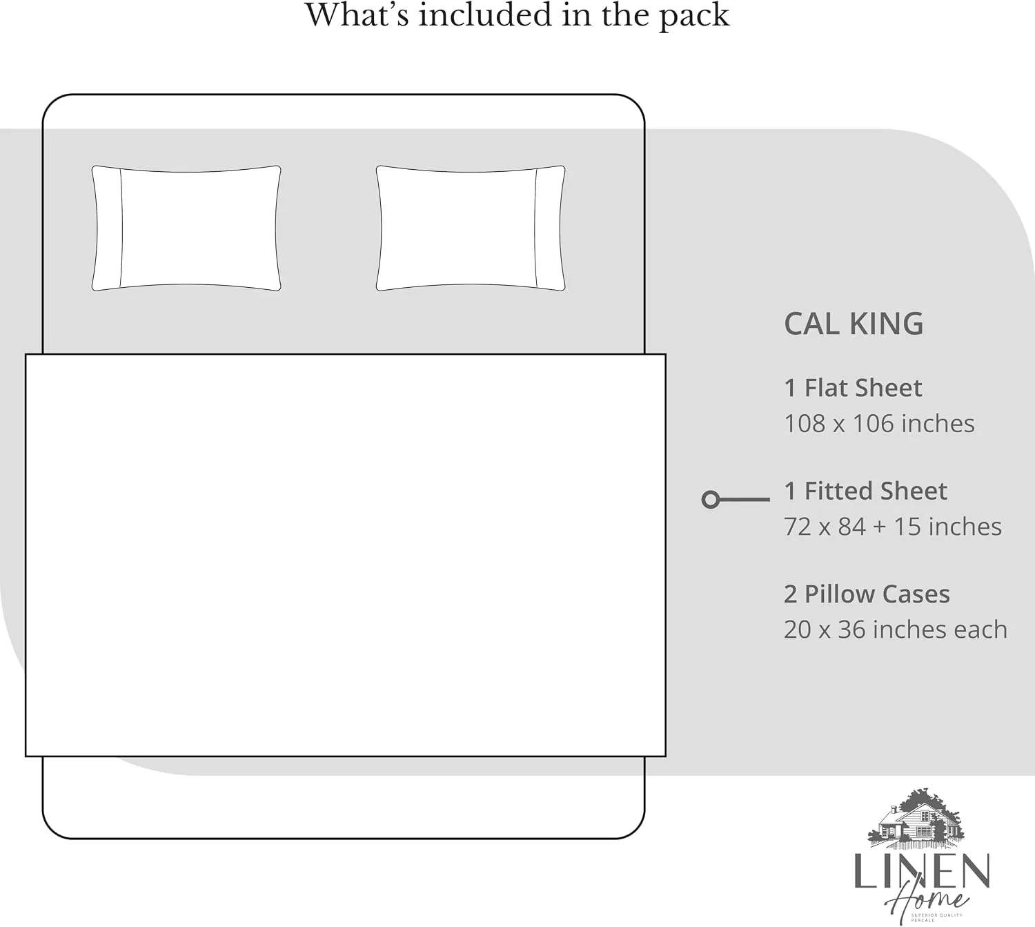 Linen Home 100% Cotton Percale Sheets California King Size, Silver, Deep Pocket, 4 Pieces Set - 1 Flat, 1 Deep Pocket Fitted Sheet and 2 Pillowcases, Crisp Cool and Strong Bed Linen