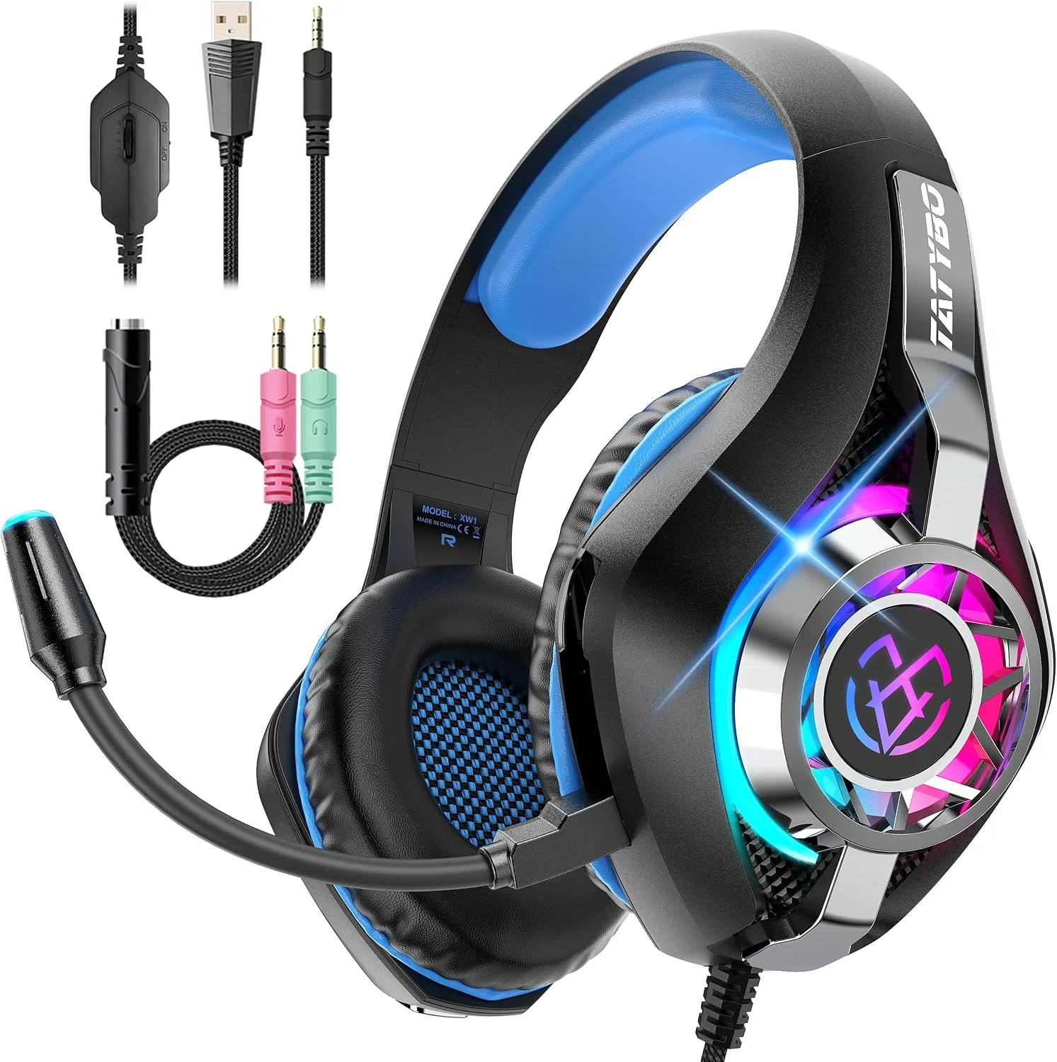 Headset para gaming Tatybo PS5 PC con micrófono cancelador de ruido RGB negro azul