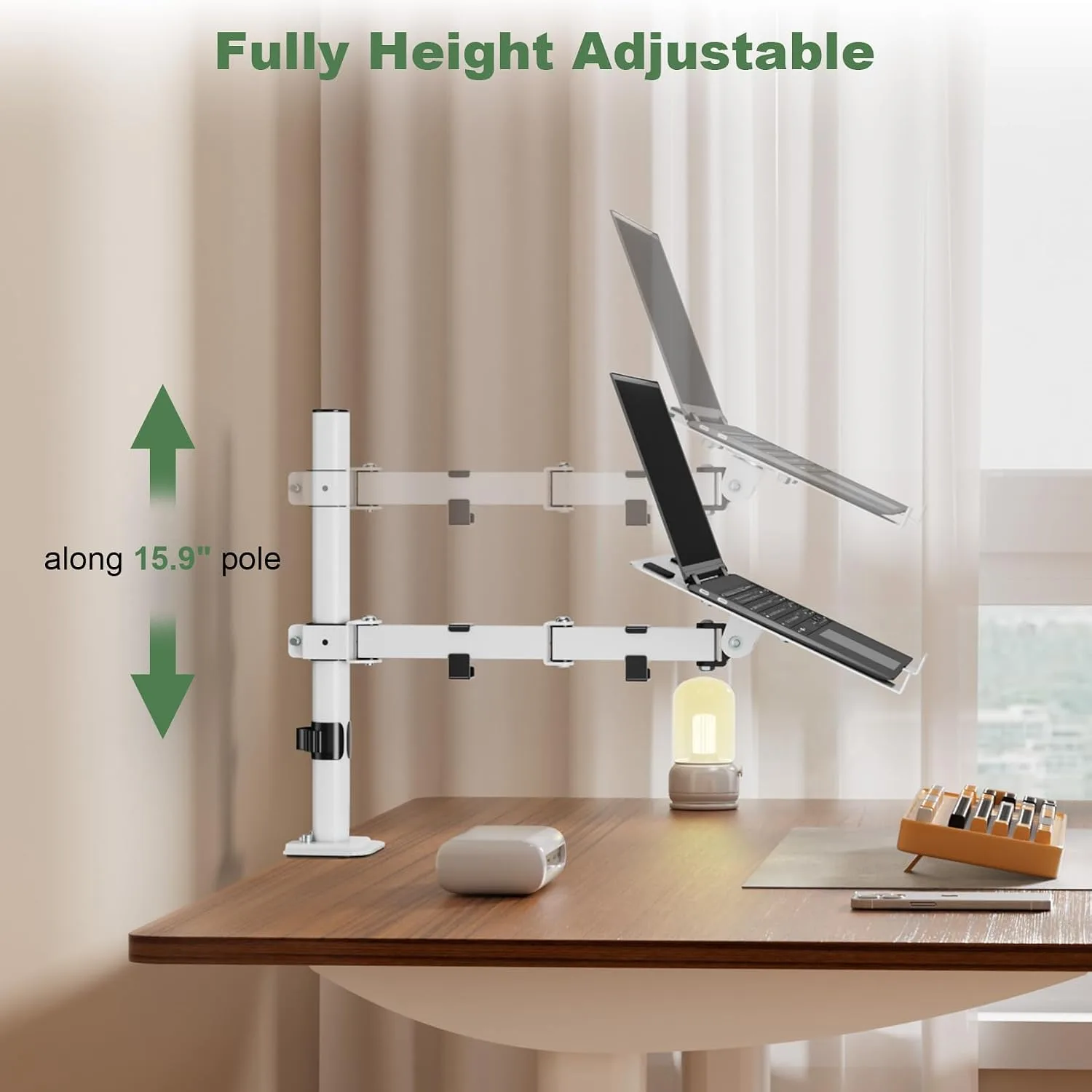 UPGRAVITY White Laptop Desk Mount with Vented Tray for Notebook up to 17 inch, Fully Adjustable Single Laptop Arm Stand Holds up to 17.6 lbs, Clamp on/Grommet Mounting