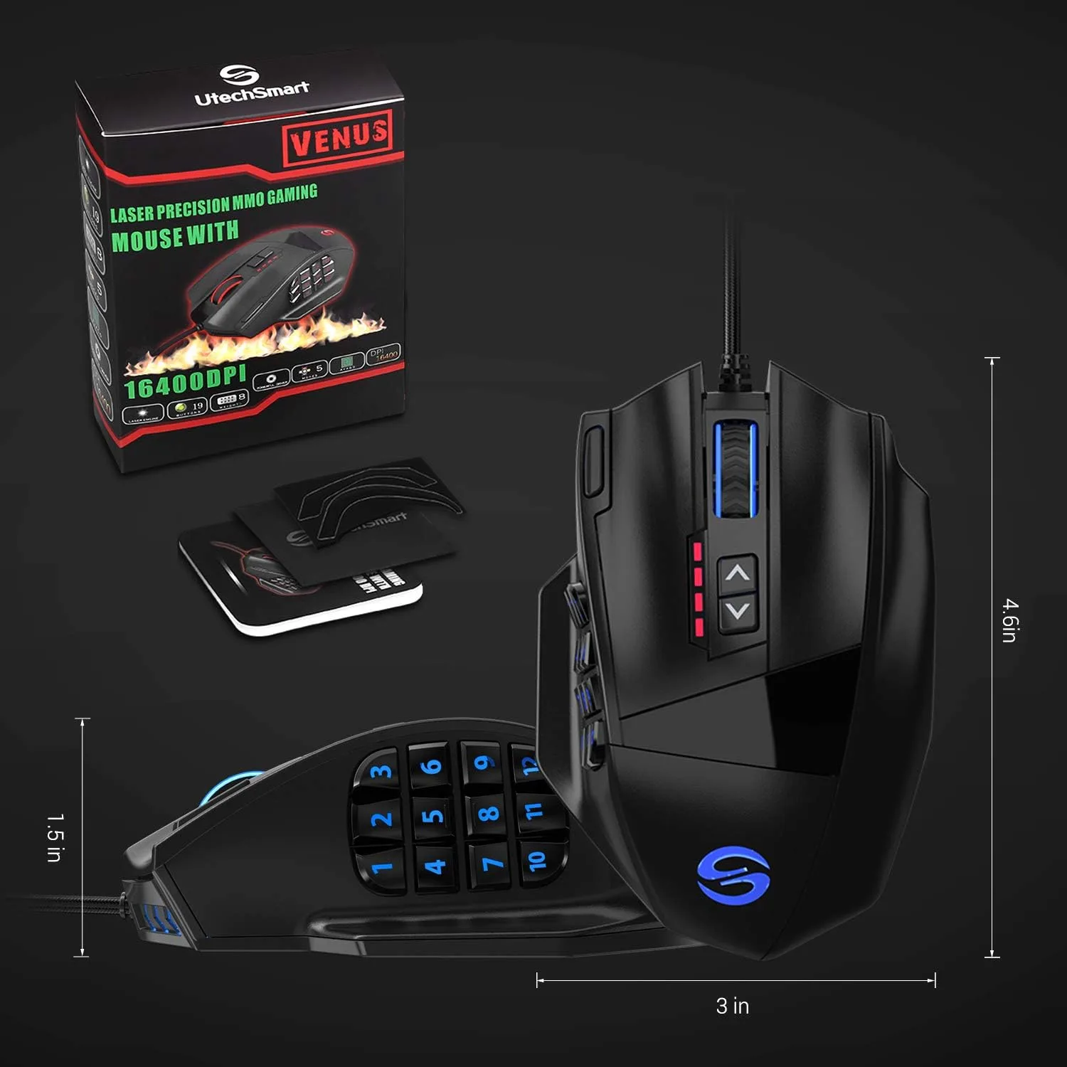 UtechSmart Venus Pro Wired MMO Gaming Mouse - 16400 DPI RGB