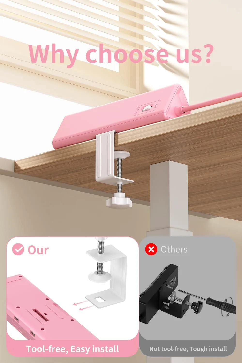 AnnTane Desk Clamp Power Strip USBC, 40W Fast Charging, 6.5 Ft, Pink