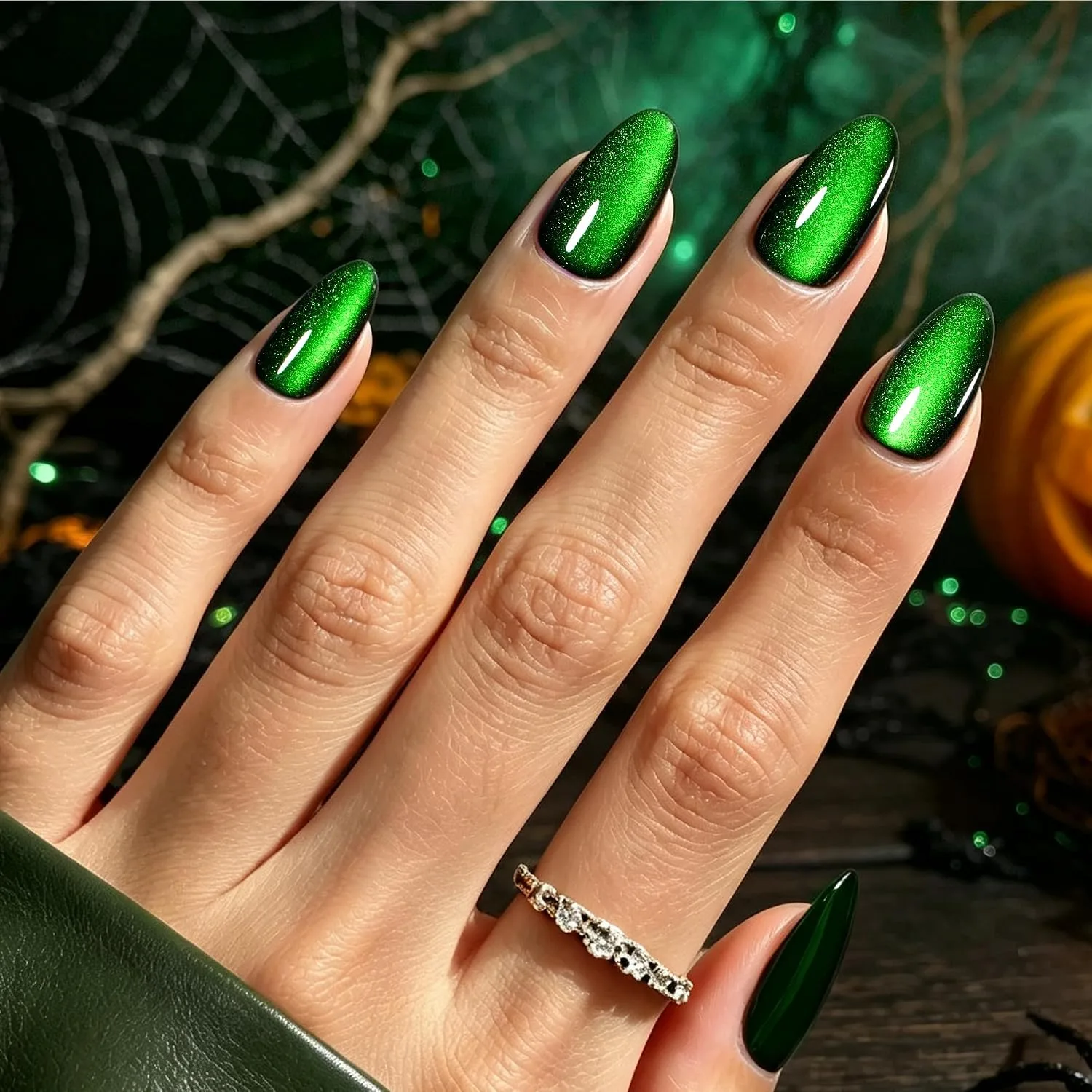 Beetles Halloween Press On Nails, Green Cat Eye Short Almond, 32 Pieces