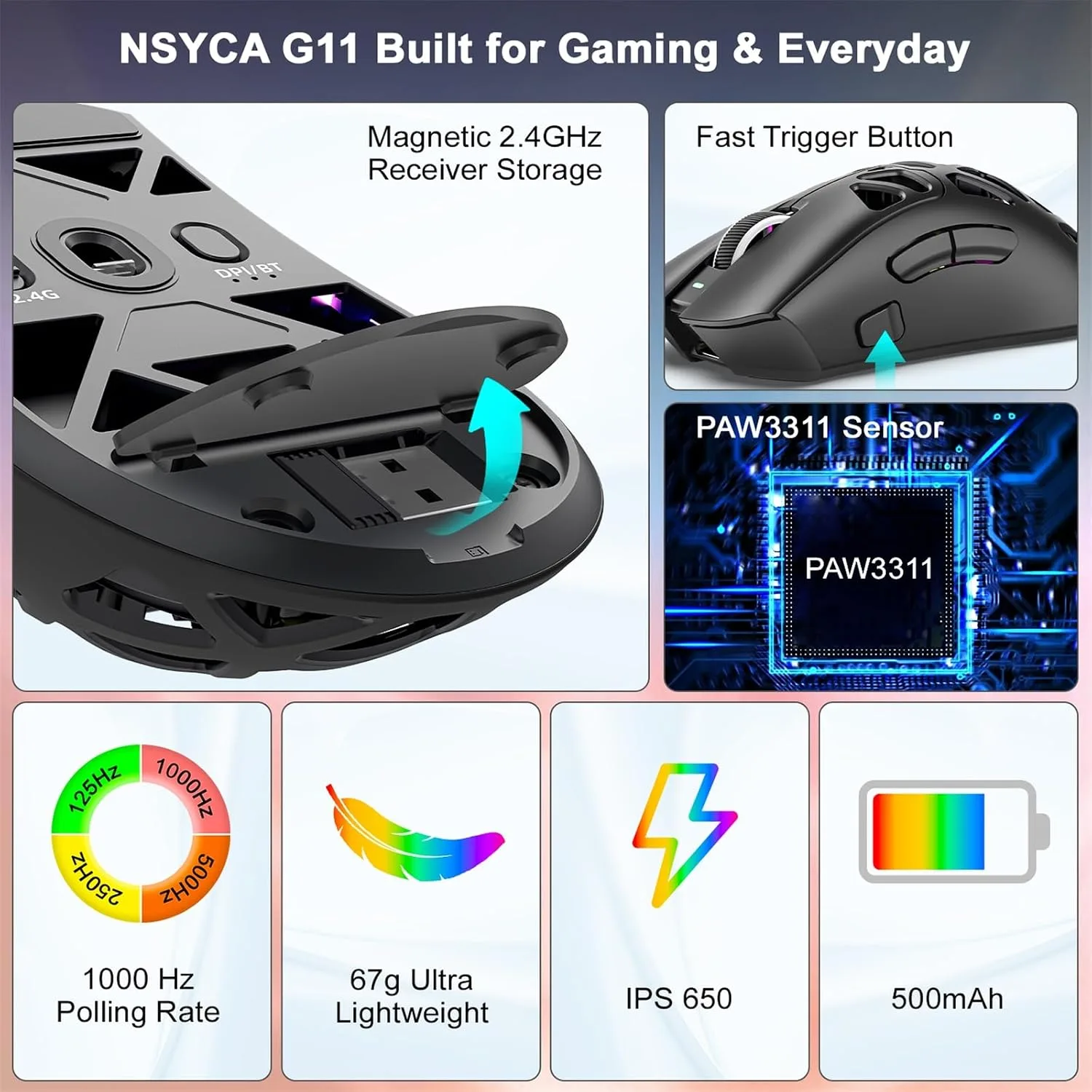 G11 Lightweight Wireless Gaming Mouse for FPS & Competitive Gaming, Tri-Mode Bluetooth 5.1/2.4GHz/USB-C, 22000 DPI RGB Mouse with Programmable Buttons for PC, Laptop & Mac (Black)
