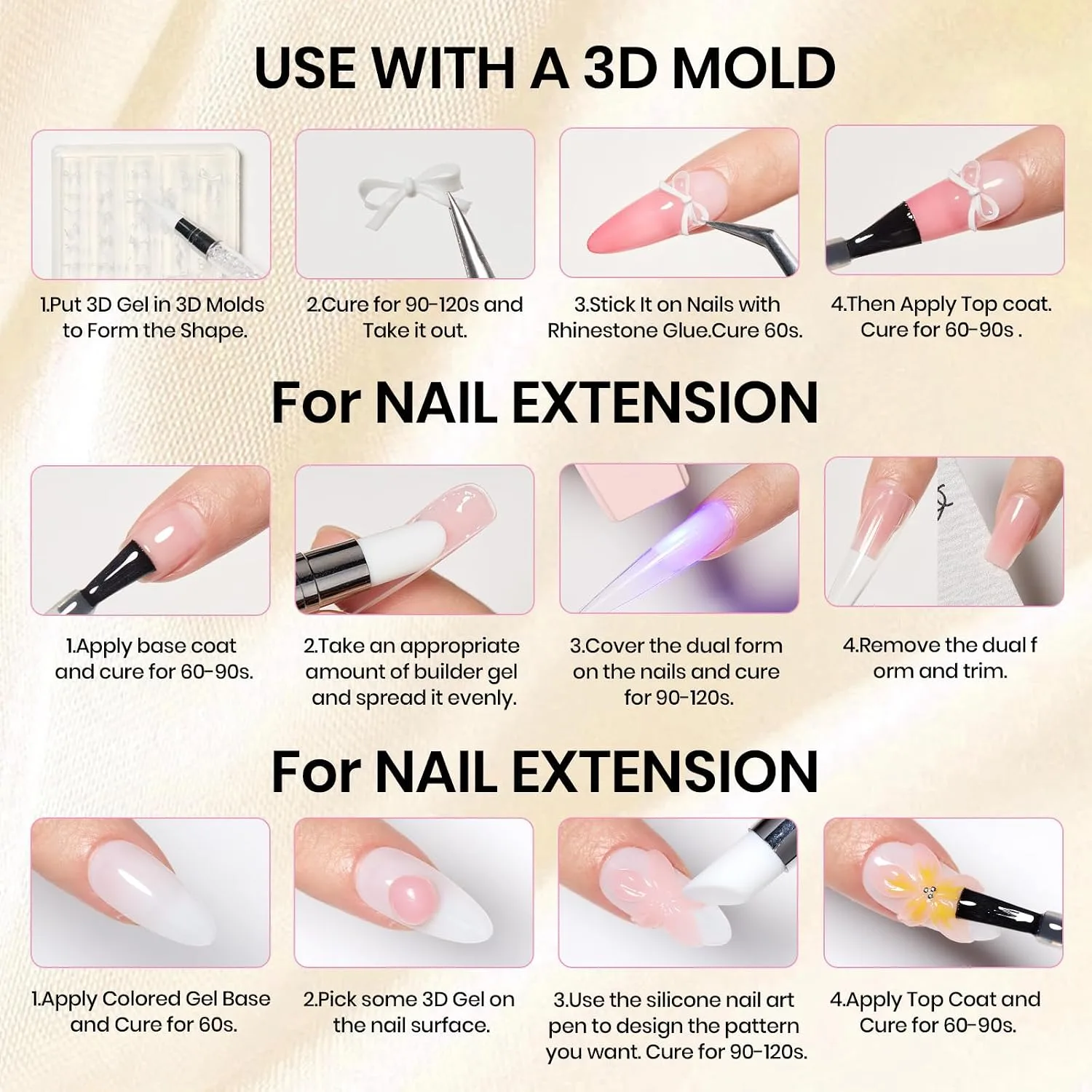 Beetles Clear 3D Solid Builder Nail Gel Kit, 2 Pcs 3D Gel with 3D Mold