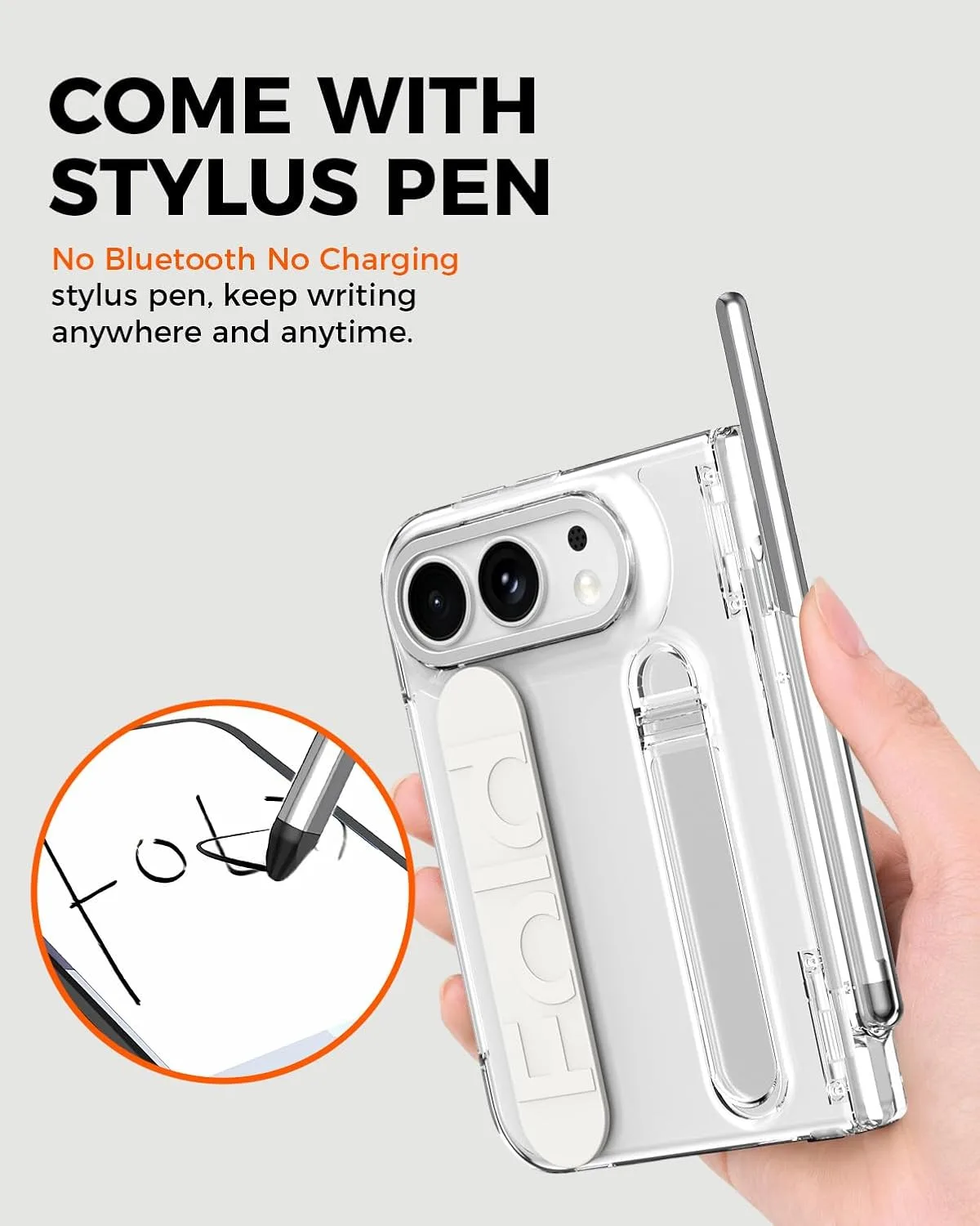 NINKI Transparent Hand Strap for iPhone Duo Case with S Pen Holder & Stylus, Hidden Kickstand, Shockproof Hinge Protection + Screen Protector Grip Folding Cover for iPhone Duo Case with Pen Slot Clear