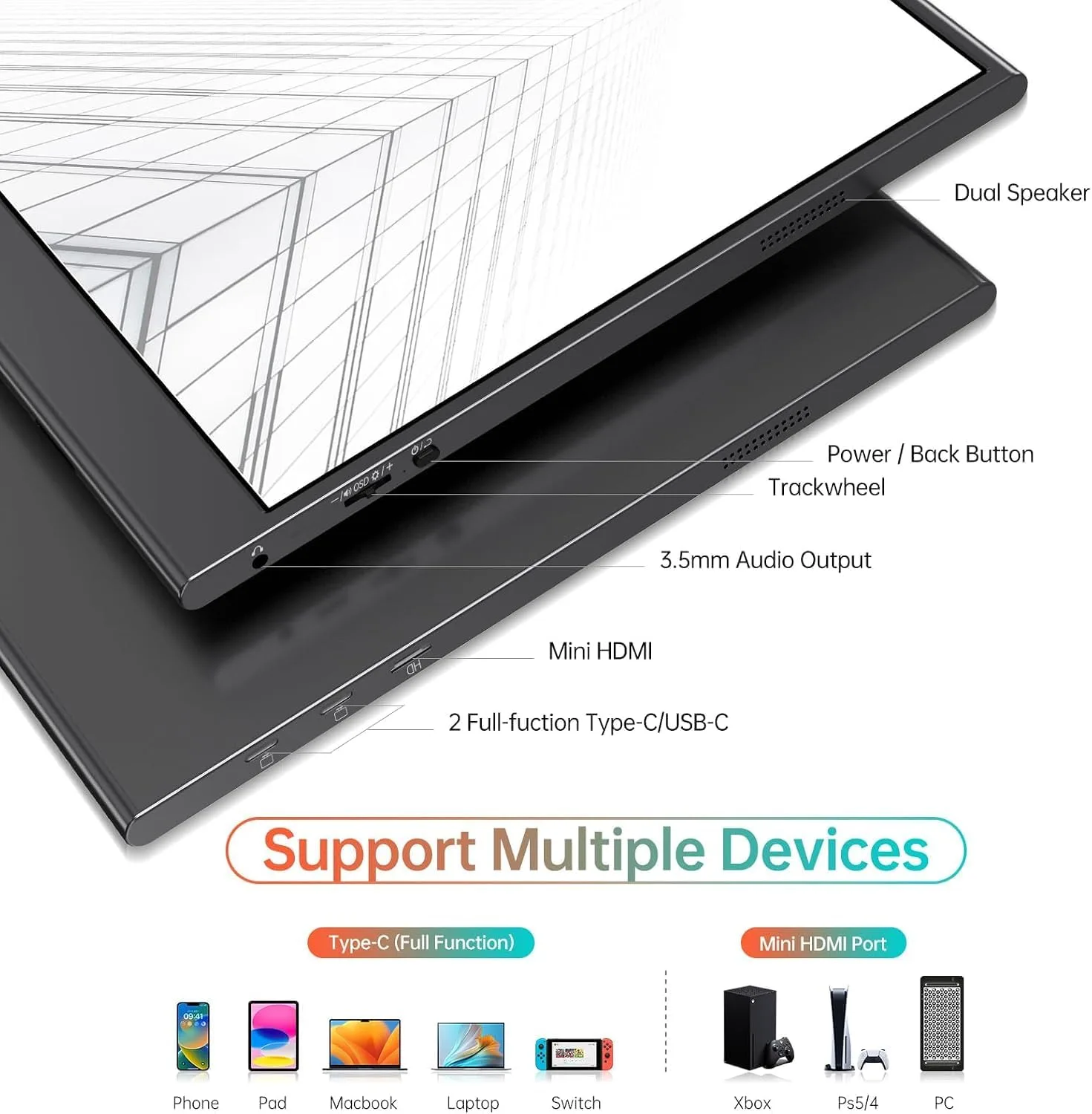WGK 15.6 inch Portable Monitor 4K UHD 100%sRGB Travel Display HDMI/USB-C Compatible with Laptops, Desktops, Phones, PS, Mac, Xbox, Switch, and Other Gaming Devices Kickstand & Speakers VESA Mountable