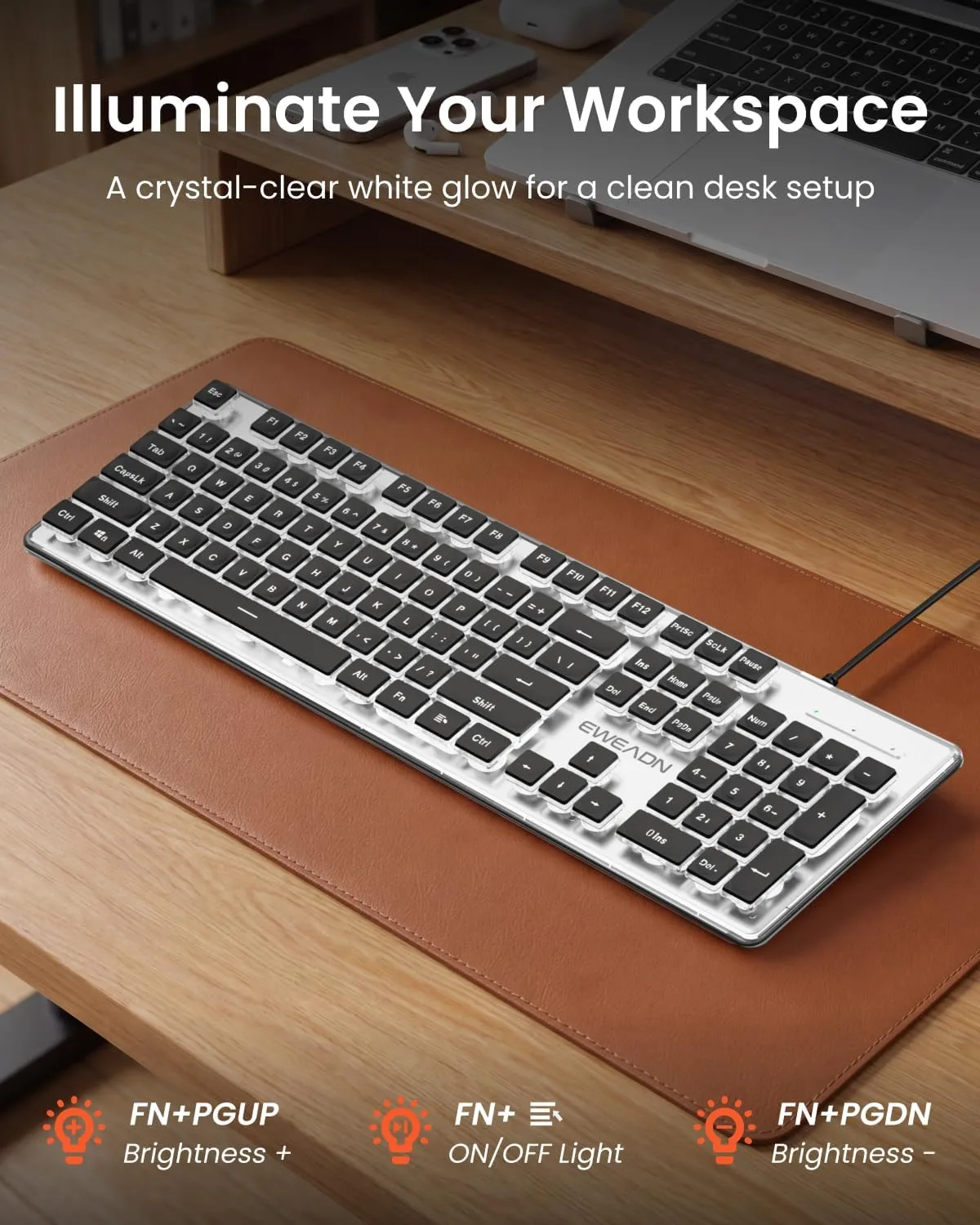 Wired Keyboard with White Backlit, Never Fade, Soft Click Typing, Black