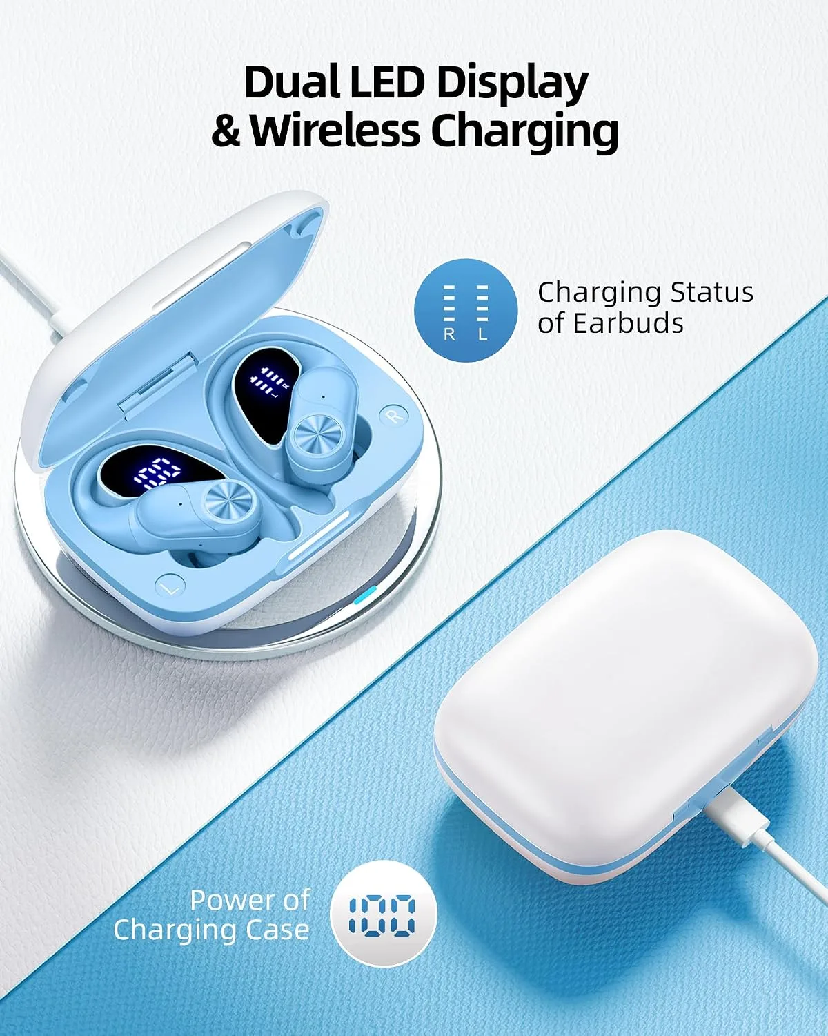 PocBuds Bluetooth Headphones Wireless Earbuds 80hrs Playtime Wireless Charging Case Digital Display Sports Ear Buds with Earhook Deep Bass IPX7 Waterproof Over-Ear Earphones for TV Phone Laptop Blue