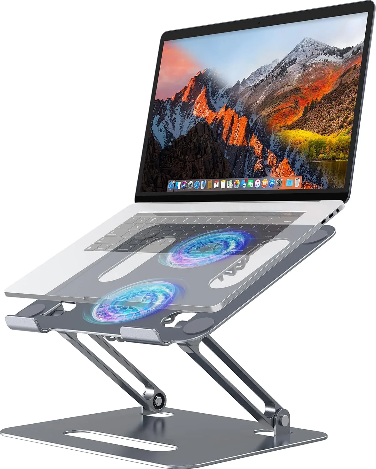 Base para laptop Yicosun ajustable con 2 ventiladores silenciosos y luz RGB aluminio plegable para 10-16 pulgadas gris