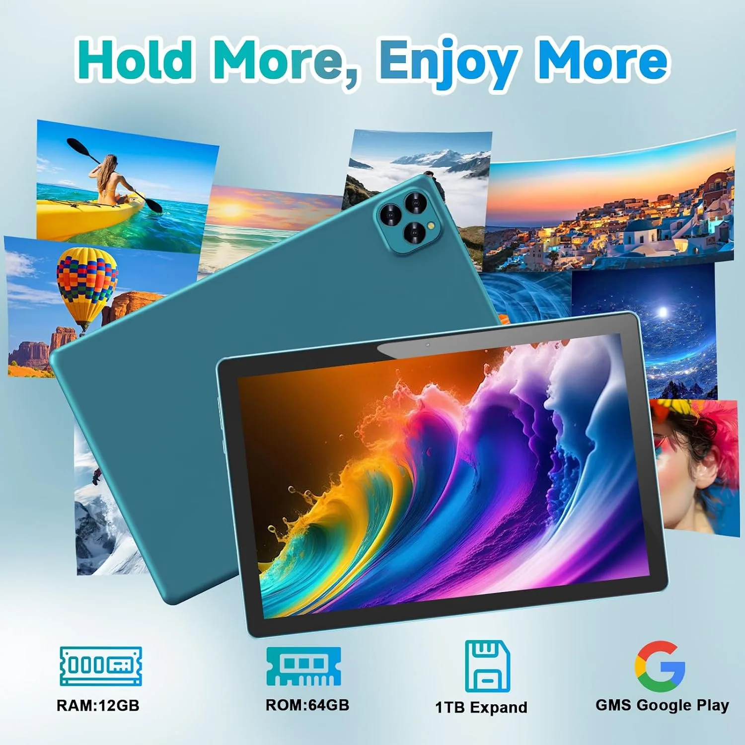 Tablet Android 16 10 Inch 12GB RAM+64GB ROM/ 1TB Expandable, 1280 * 800 HD Touch Screen, 5G WiFi6 BT 5.0, 2 in 1 Tab with Keyboard Case Mouse Stylus(Navy Blue)