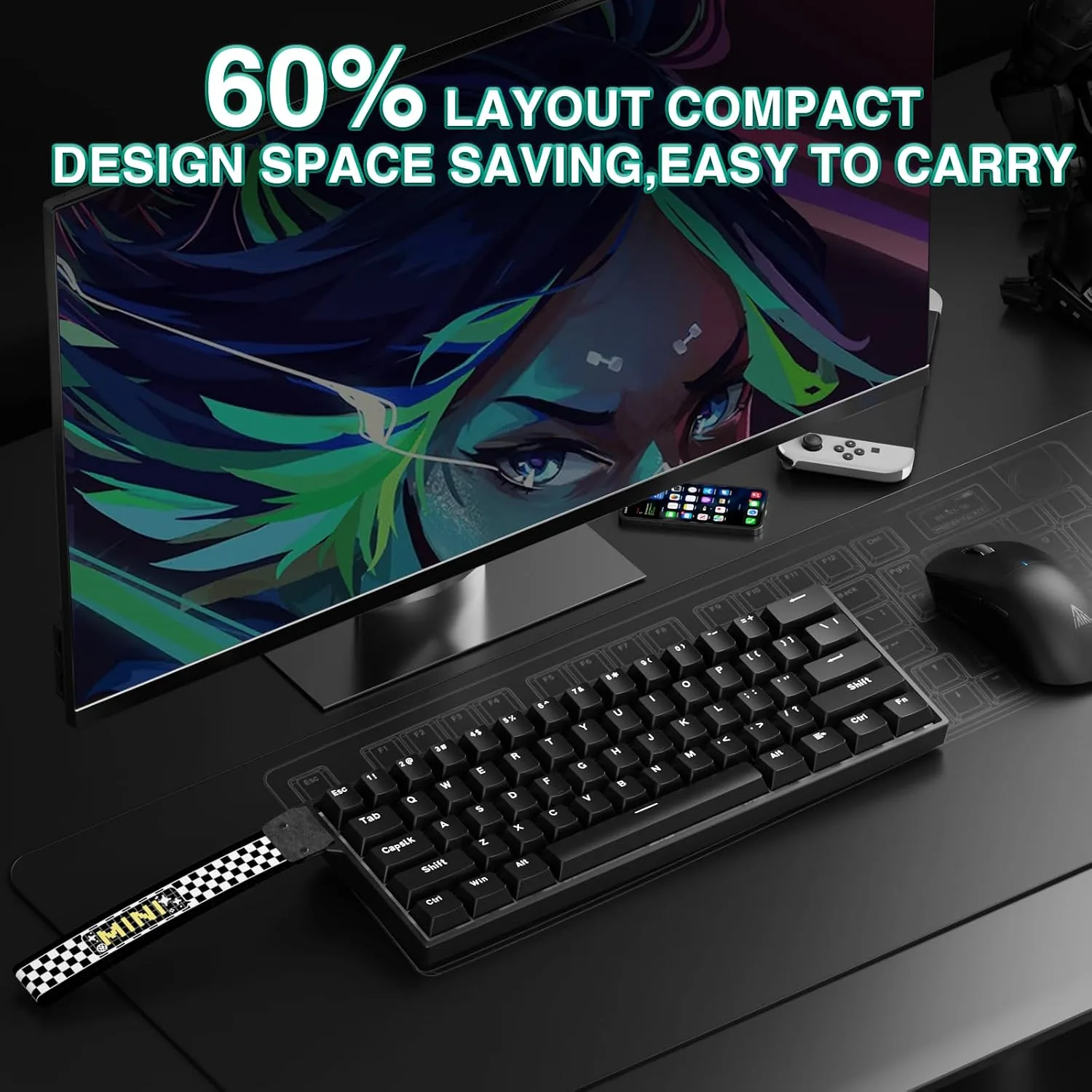 Aula MINI60 HE Wireless Gaming Keyboard 60%,Hall Effect Rapid Trigger Magnetic Keyboard,8000Hz Polling,Tri-Mode(BT5.0/2.4GHz/USB-C),Hot Swappable Compact Mechanical Keyboard for Gamer(Black)