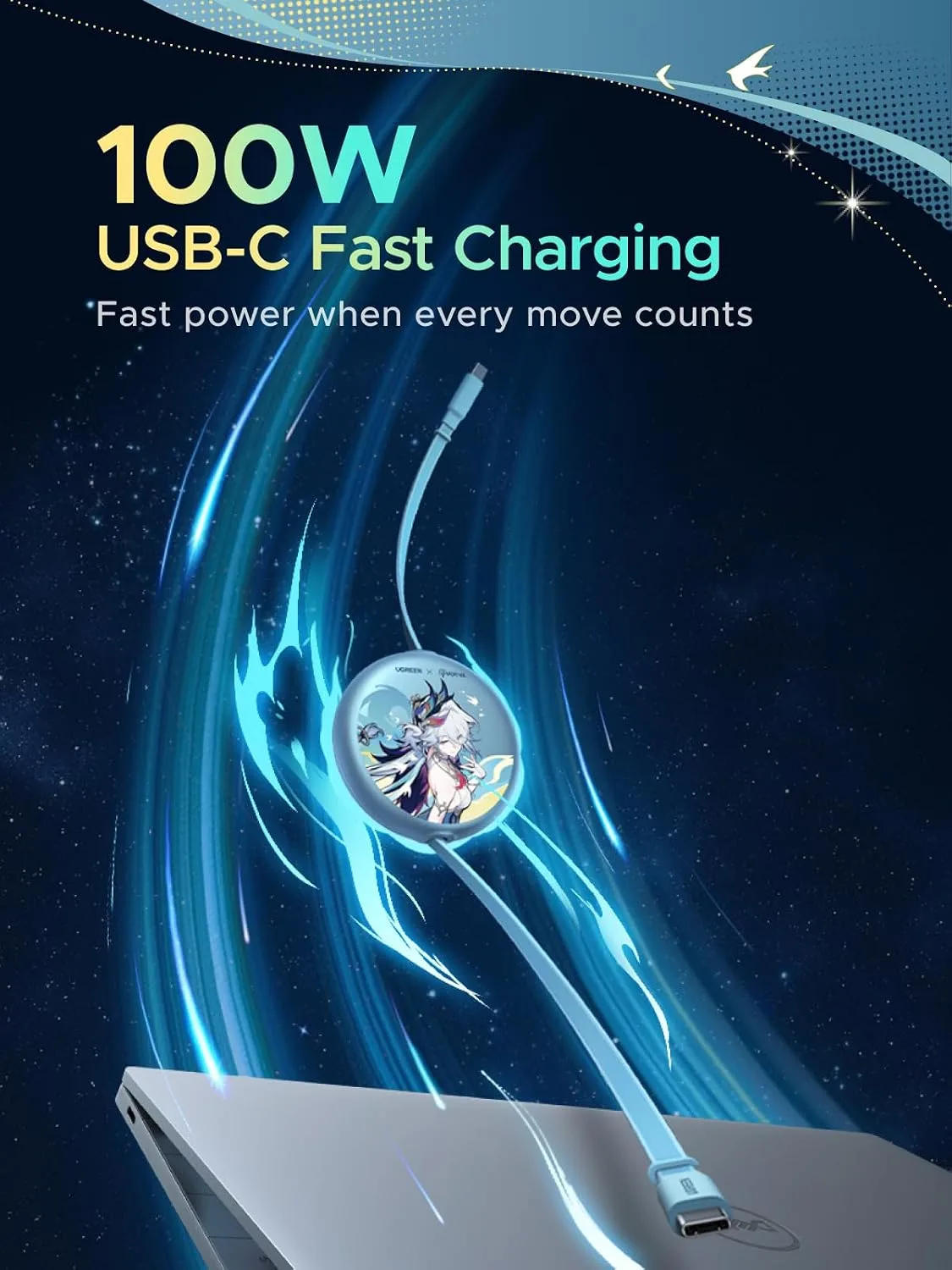 UGREEN Nexode 100W Retractable Cable Honkai: Star Rail, Glacier Blue, 3.3ft