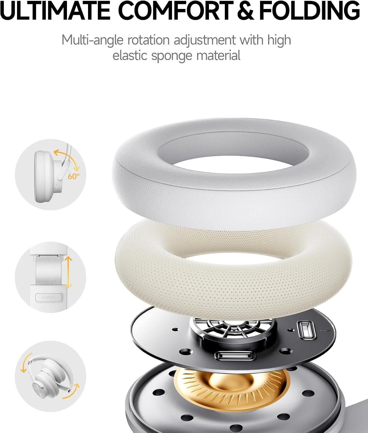 Picun B8 Wireless Bluetooth Headphones, 120H Playtime, 3EQ Modes, White