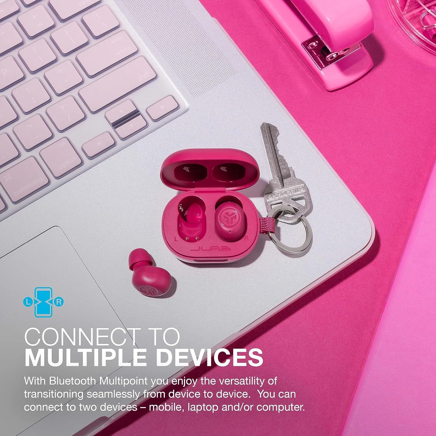 JLab JBuds Mini True Wireless Earbuds, Bluetooth Multipoint, Hot Pink
