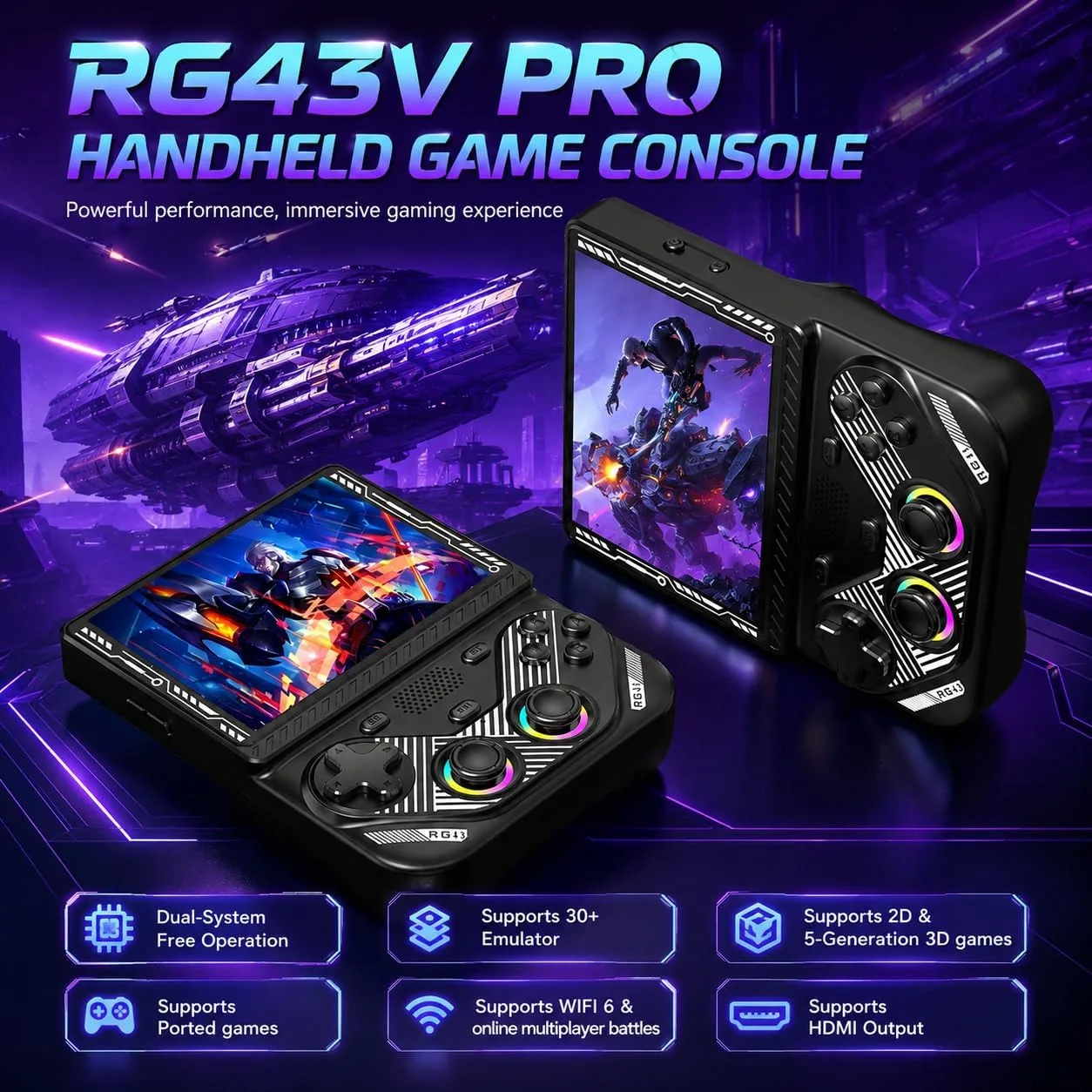 RG43V Pro Retro Handheld Game Console, 4.3" IPS HD Screen, RK3562 Quad-Core Processor, 64GB Support 30+ Emulators & 22000+ Games, WiFi 6 Multiplayer, HDMI Output (Blue 64GB)