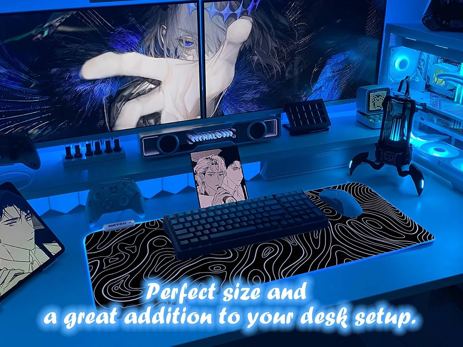 JMIYAV White Gaming Mouse Pad RGB Mousepad 31.5x12In Non-Slip Rubber Base Extra Large Cool XL XXL Computer Desk Pad Gaming Accessories Setup LED Light Up Big Mouse Pad for Gamer Topographic Black