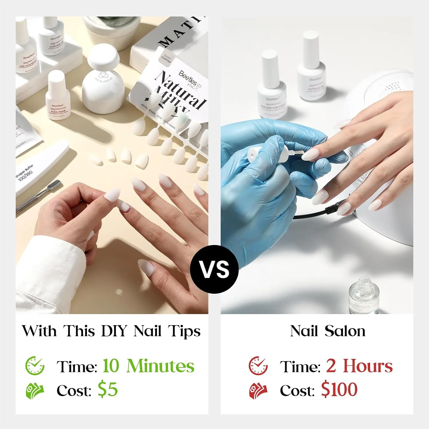 Beetles Milky White Press On Nails, 160Pcs Short Squoval Fake Nails