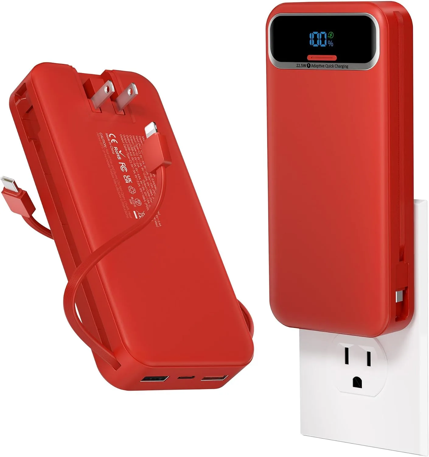 aonidi Portable Charger 20000mAh with Built-in Cables&AC Wall Plug, Red