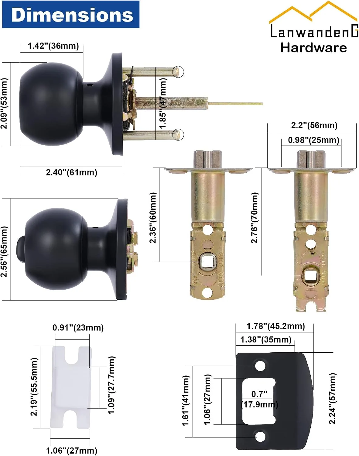 Lanwandeng Matte Black Door Knobs with Lock and Keys, Interior/Exterior Door Knob for Bedroom or Bathroom, Entry Door Lock