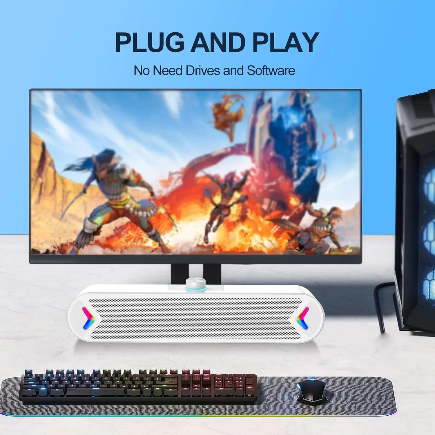 LENRUE Computer Speakers,PC Speakers for Desktop,Wired USB-Powered Sound-bar for Computer with 10W Stereo Sound and Colorful Light,Plug-n-Play (White-AUX)