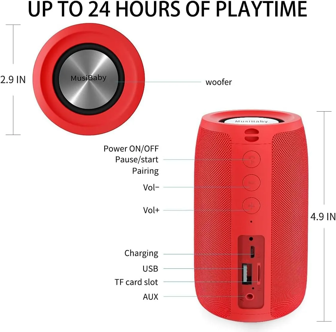 Musibaby M68 Small Rechargeable Speaker, Dual Pairing, Red