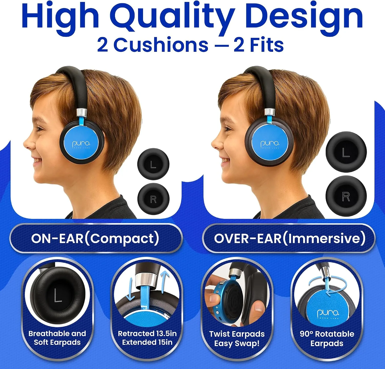 Puro Sound Labs - Kids Headphones, Volume-Limiting 85dB, BT2200 Plus, Blue