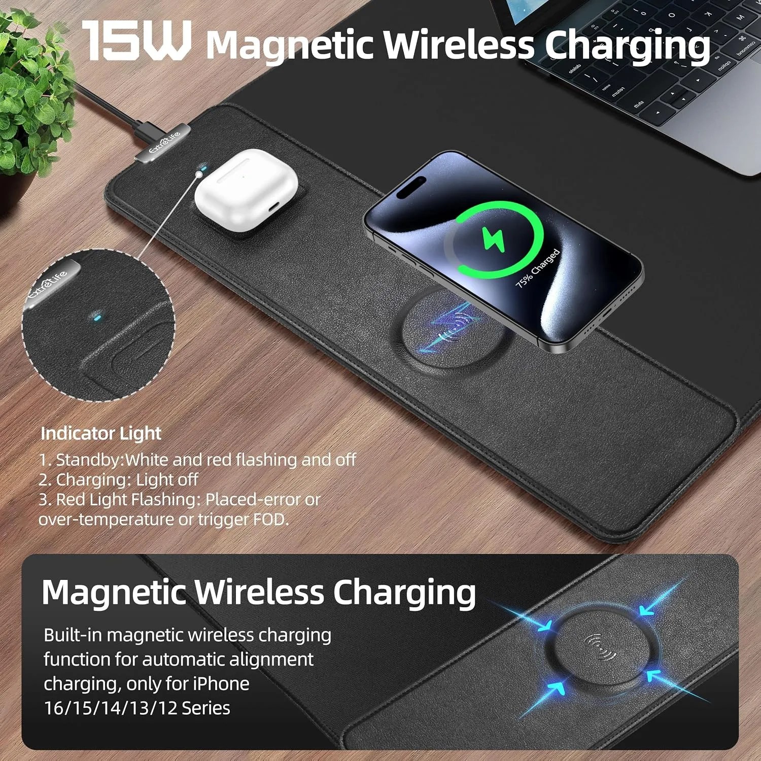 Wireless Charging Mouse Pad, Gaming Desk Mat with 20W Adapter, 31.5"x15.7"