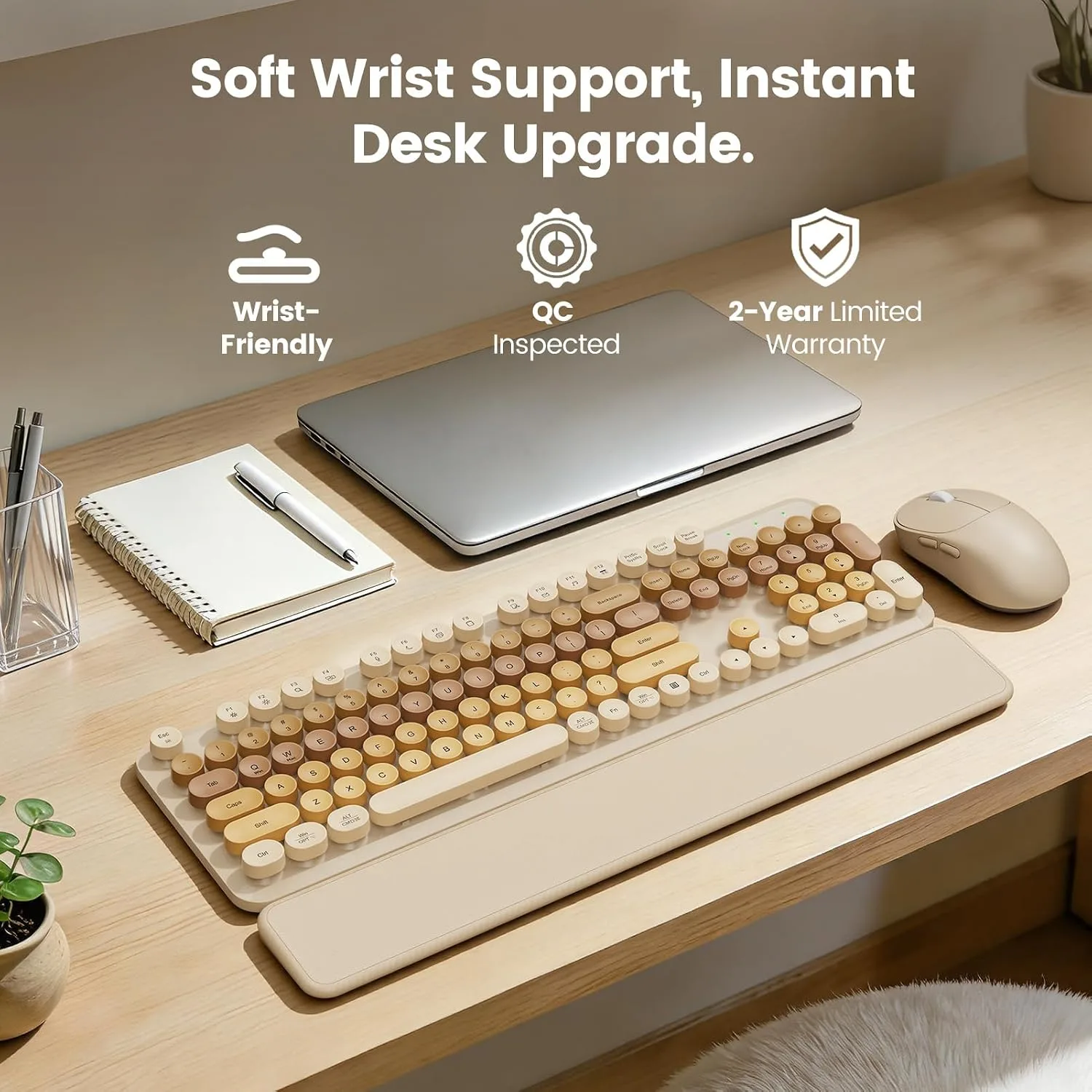 Wireless Keyboard and Mouse Combo, Magnetic Soft-Touch Wrist Rest, Beige