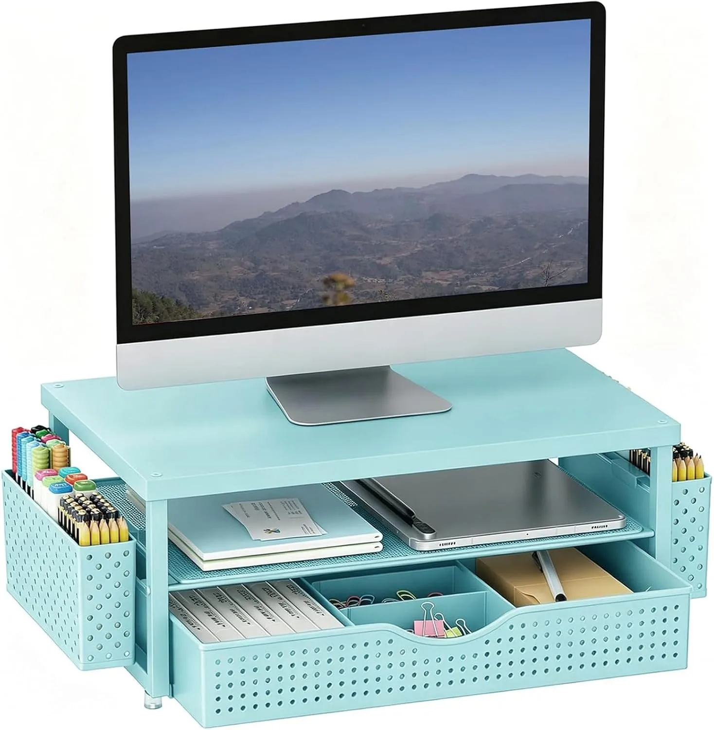 gianotter Monitor Stand with Drawer and 2 Pen Holders (Blue)