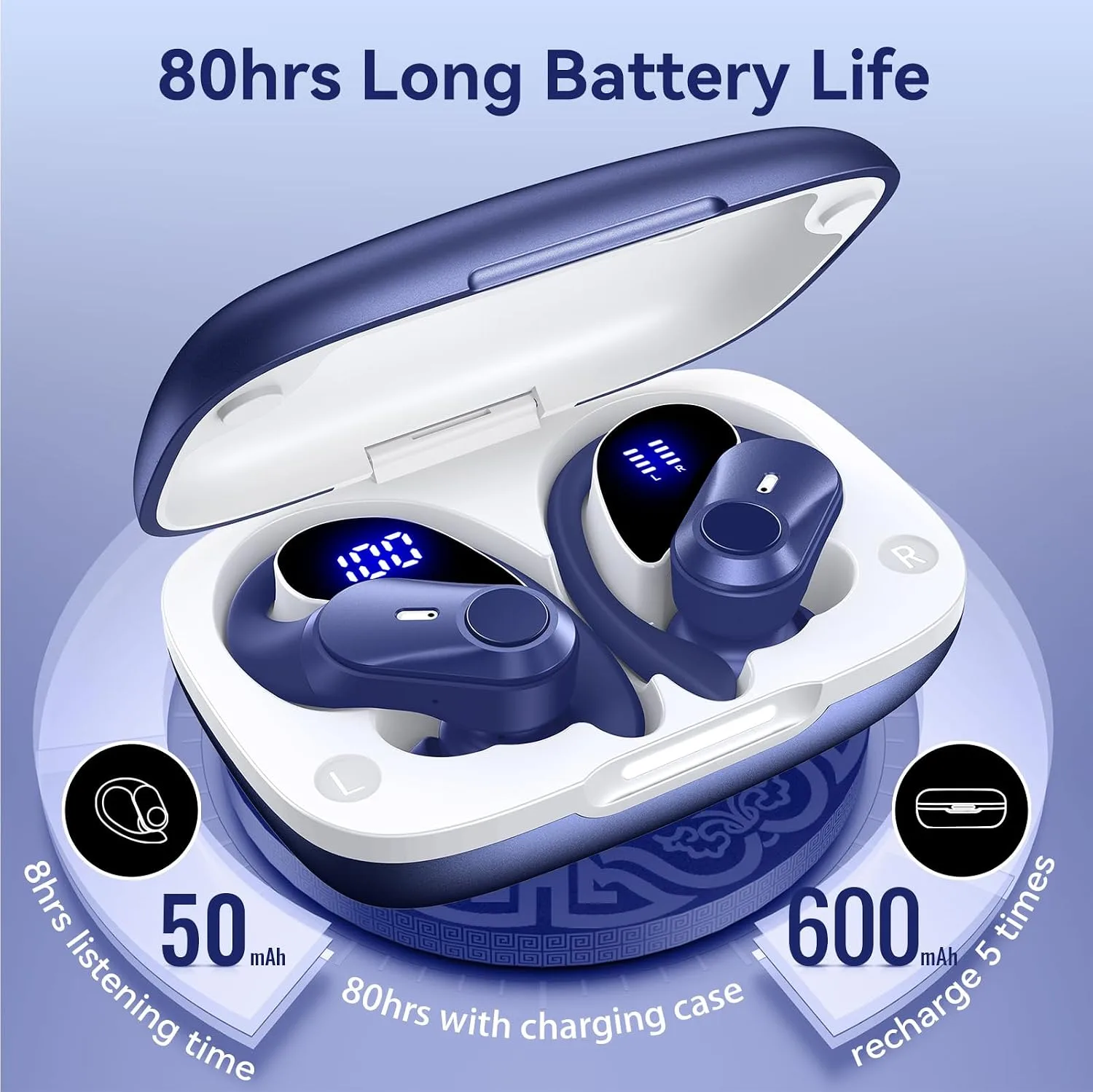 Active Noise Cancelling Ear Buds Wireless Bluetooth Headphones 80H Playtime Display Charging Case 50dB ANC Over Ear Hooks Earbuds with Hi-Res Sound & Clear Calls for Sports Running Gym Workout Blue