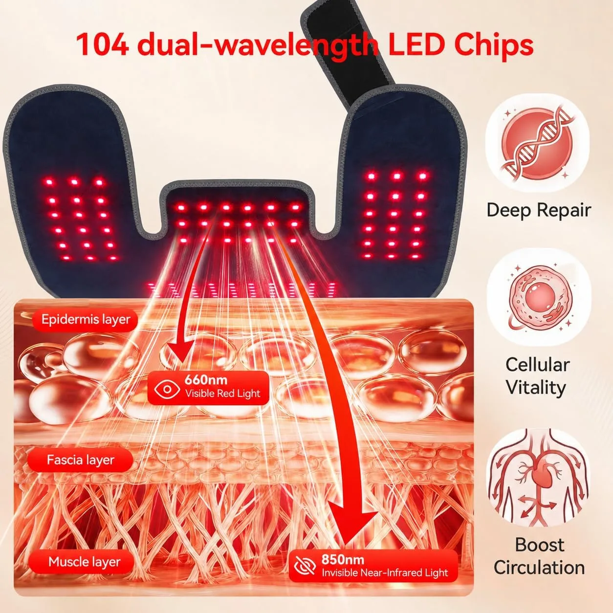 Cordless Red Light Therapy for Neck Shoulders, 660nm & 850nm Infrared Light Therapy Wrap with 5000mAh Rechargeable Battery, Timer, Pulse Modes for Home Office