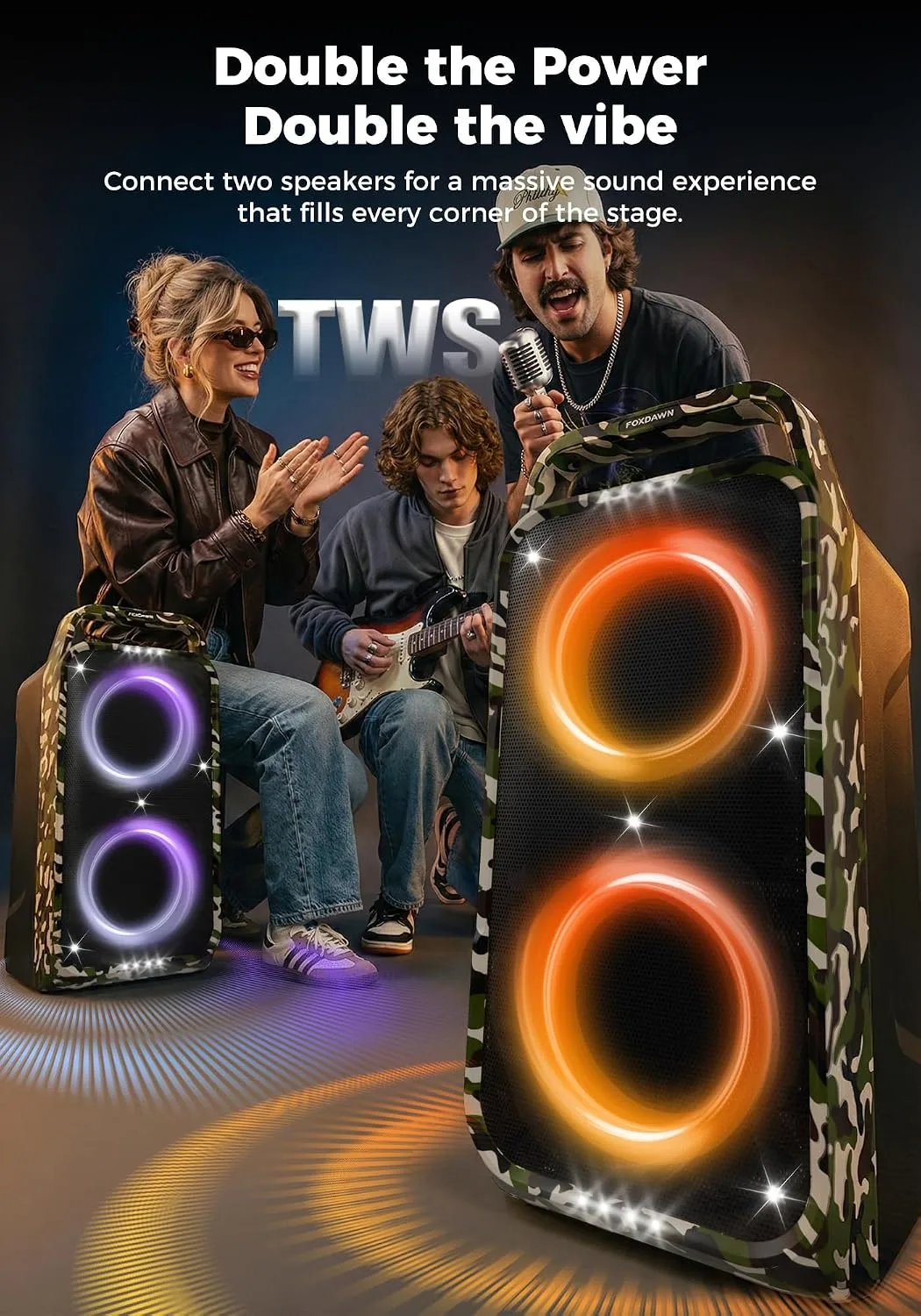 Foxdawn Portable Bluetooth Speaker: 240W Peak Powerful Loud Sound Deep Bass Wireless Boombox Large Subwoofer 15 Hours Battery Life Fast Charging with Led Light Show for Party Outdoor Camping Backyard