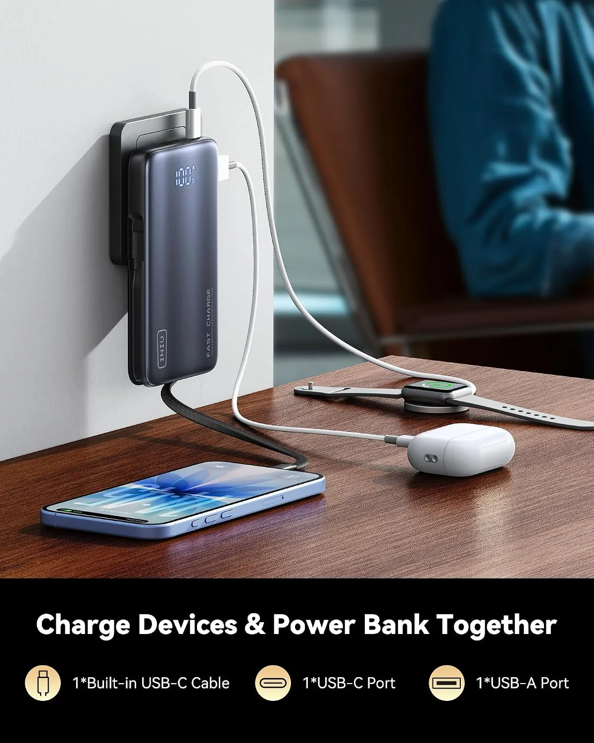 INIU Portable Charger, Slim 45W Fast Charging Power Bank with Built-in AC Wall Plug 10000mAh GaN 3-in-1 Battery Pack, Light Pink