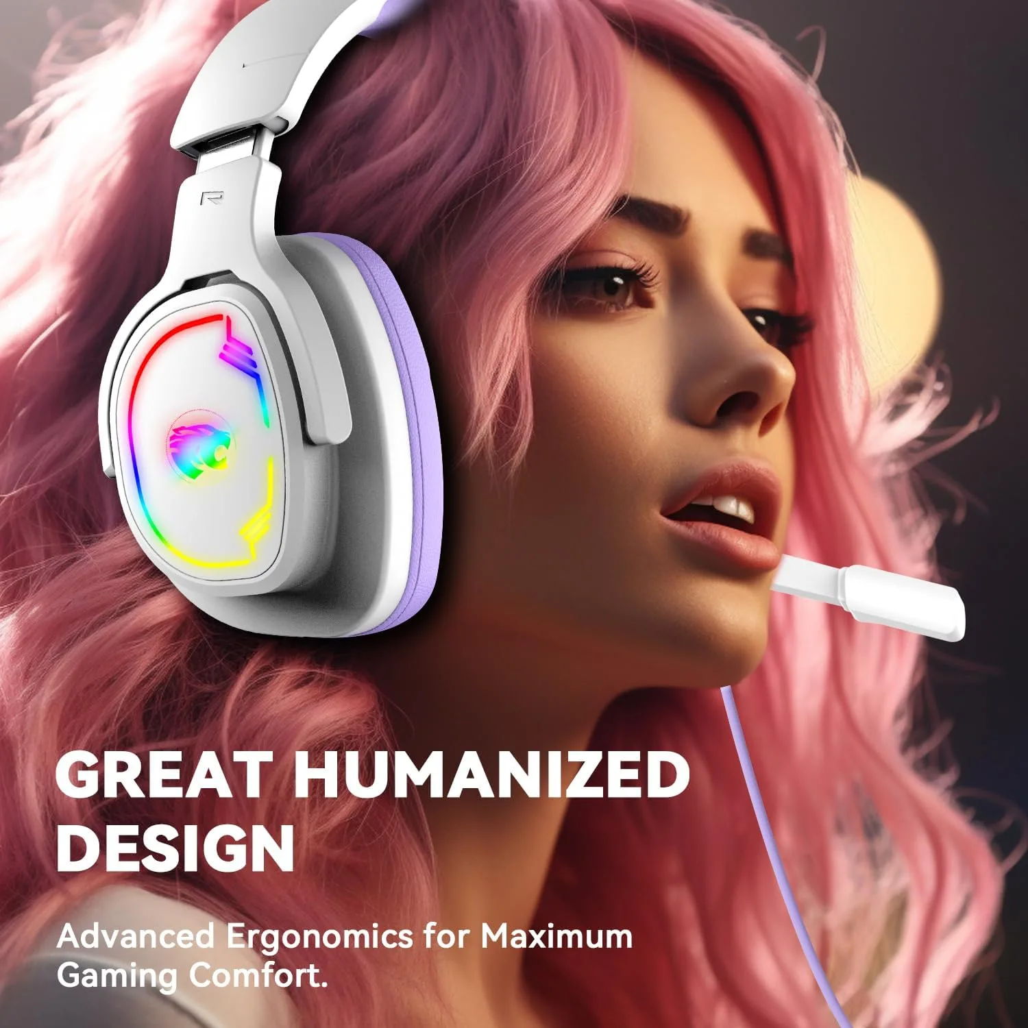 Jimonyer Gaming Headset for PS5 PS4 PC Xbox Series X|S Switch, 7.1 Stereo Surround Sound Over Ear Headphones with Noise Canceling Mic, RGB LED Light, Soft Memory Earmuffs for Gaming or Work, Purple