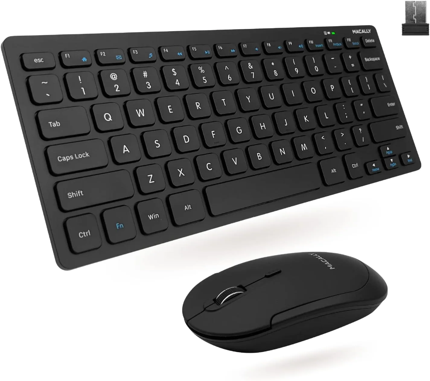 Macally Small Wireless Keyboard and Mouse Combo - Quiet Productivity Duo - 2.4G Wireless Compact Keyboard and Mouse for PC - 78 Key Mini Keyboard and Mouse with Slim Body, Click Buttons, & 3 DPI Modes
