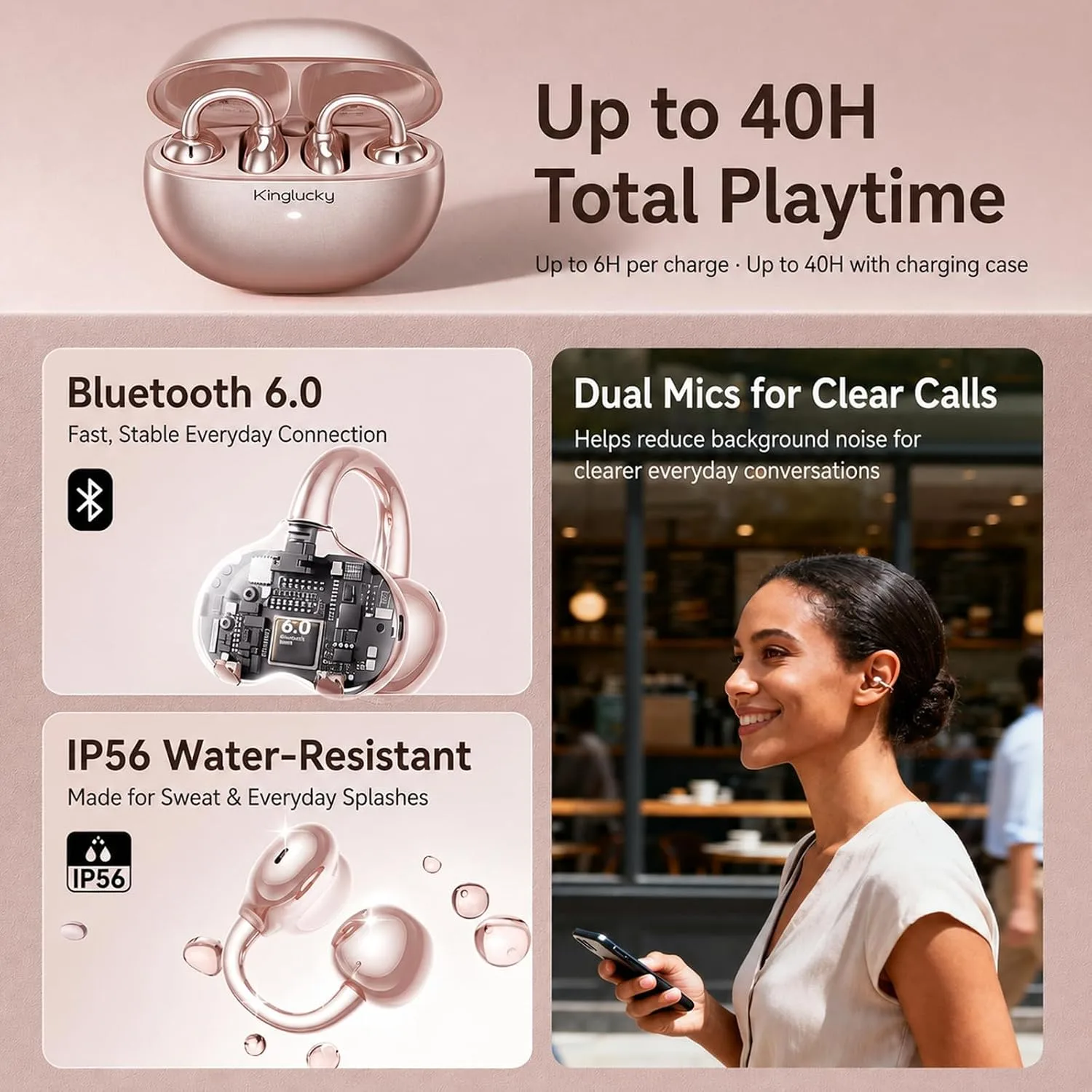 Kinglucky Upgraded Clip-On Earbuds, Open Ear Wireless Earbuds Bluetooth 6.0