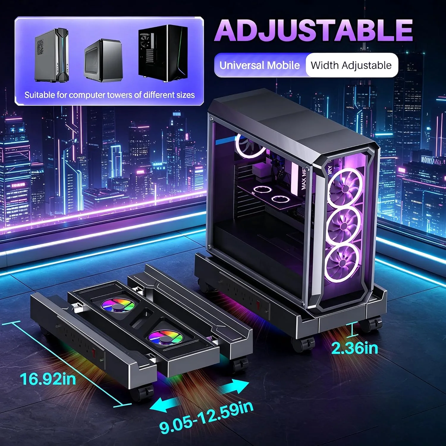 Adjustable PC Tower Stand with Cooling Fans, Outlet, Fits Most PC