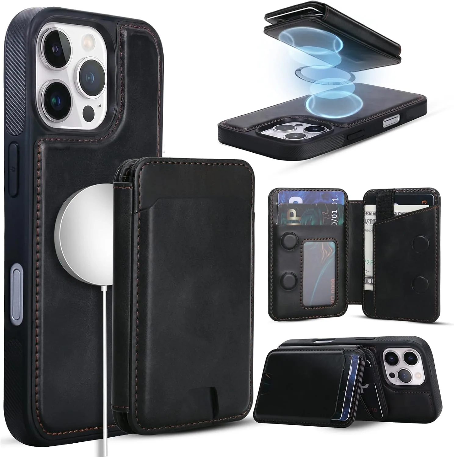Magnetic Detachable Wallet Case for iPhone 16 Pro with Kickstand,2-in-1 MagSafe Compatible RFID Blocking Card Holder,Slim PU Leather Cover Black