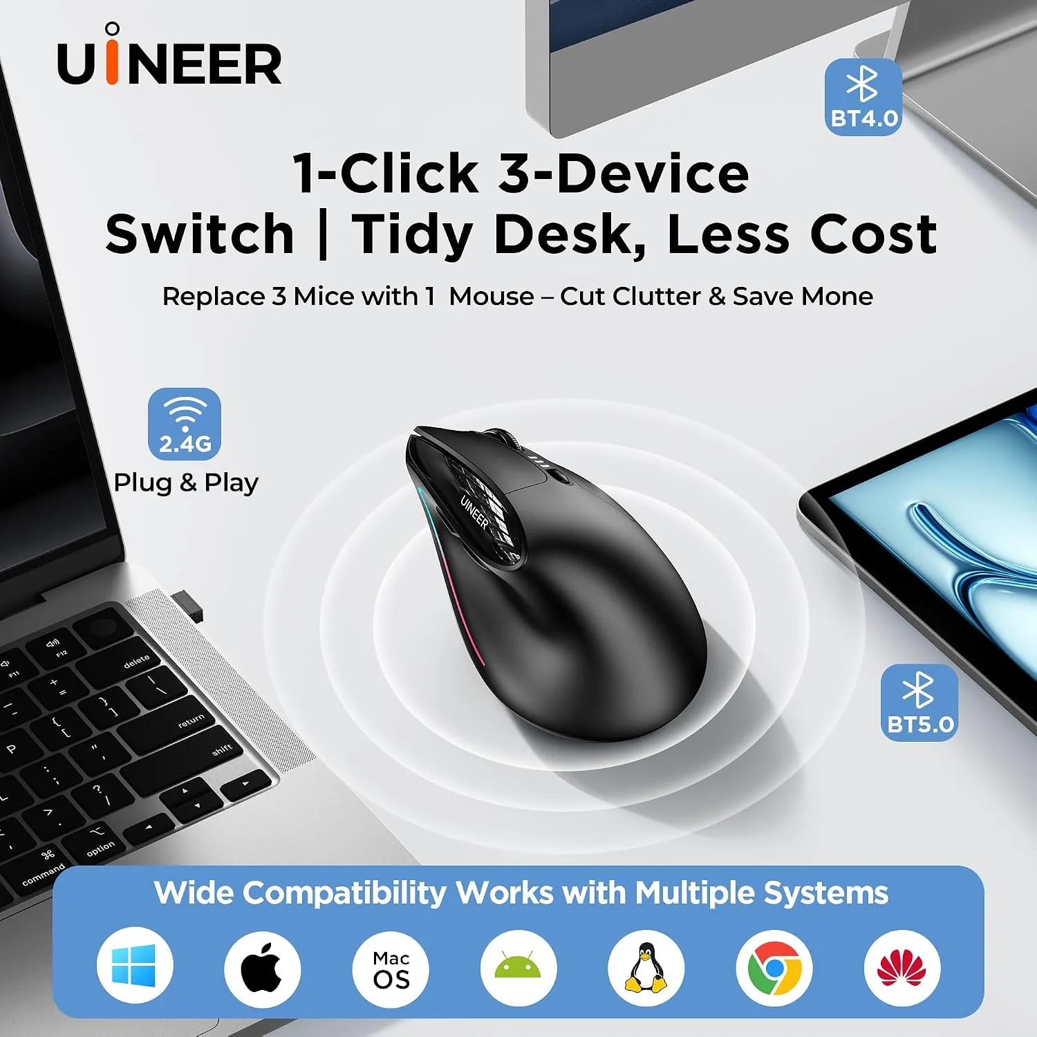 Uineer Vertical Ergonomic Mouse, Wireless Bluetooth Mouse, 3-Device