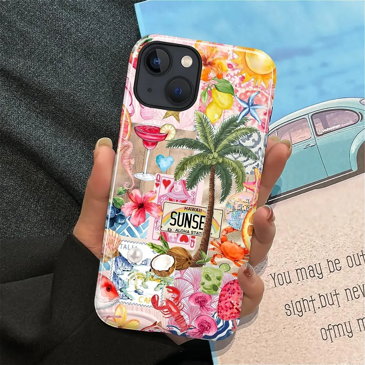 DAIZAG Case for iPhone 13/14,Mixed 2 Layer Design Shockproof Soft TPU Ddouble Protection Phone Case for iPhone 13/14-Aesthetic Summer Beach