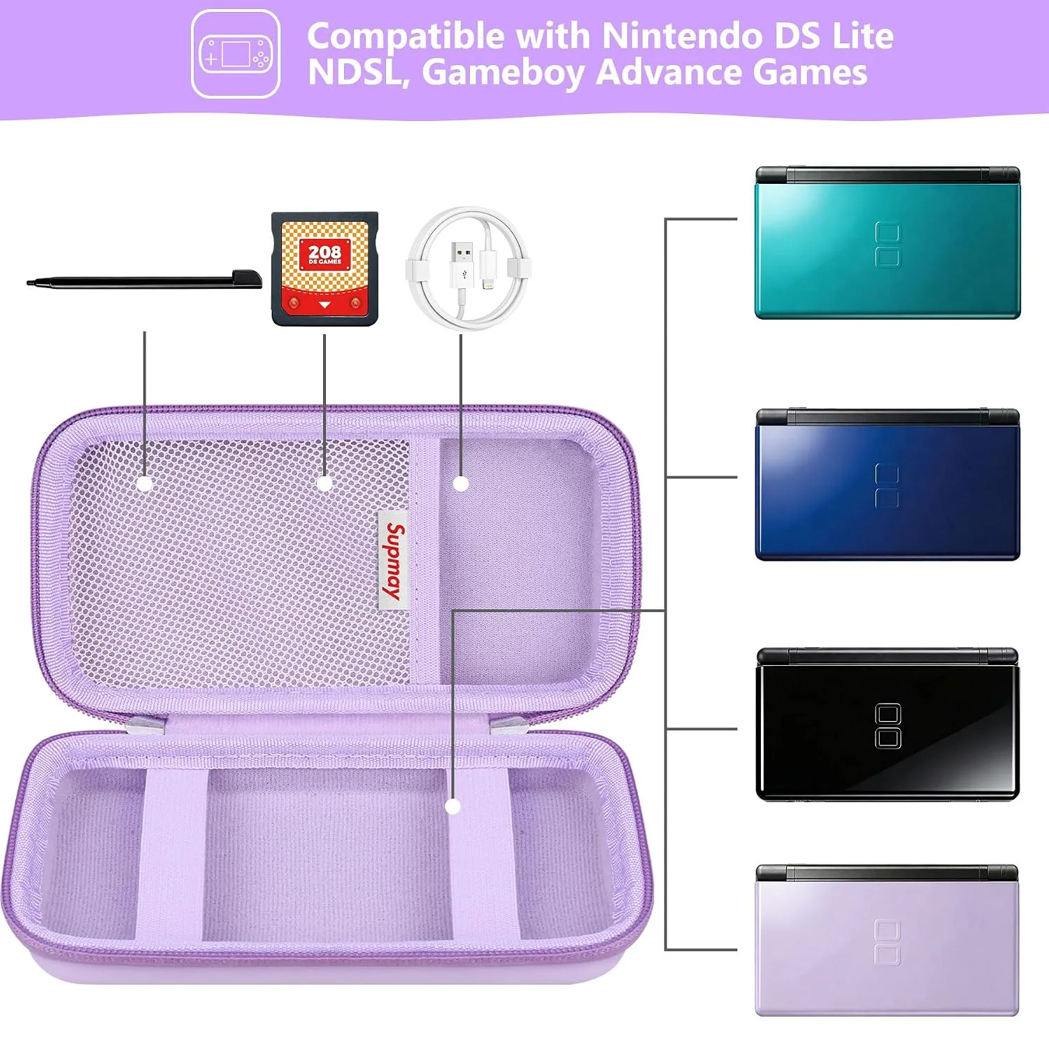 Supmay Hard Carrying Case Compatible with Nintendo DS Lite NDSL, Gameboy Advance Games Storage Holder Travel Bag with Mesh Pocket for USB Charging Cable, Stylus, Earphones, Game Cartridge, Purple
