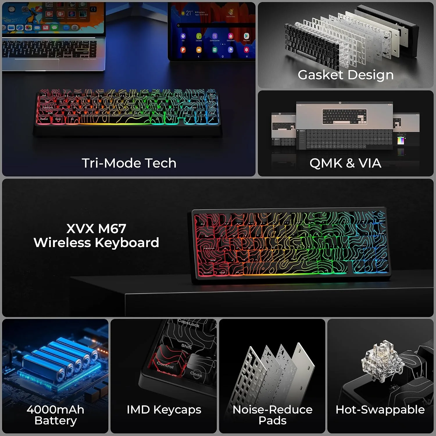 HITIME x XVX M67 60% Percent Keyboard Wireless, QMK/VIA Topographic Gaming Keyboard, Tri-Mode Thocky Creamy Mechanical Key Board, Hot Swappable Mount RGB IMD Tech for Win/Mac, Black