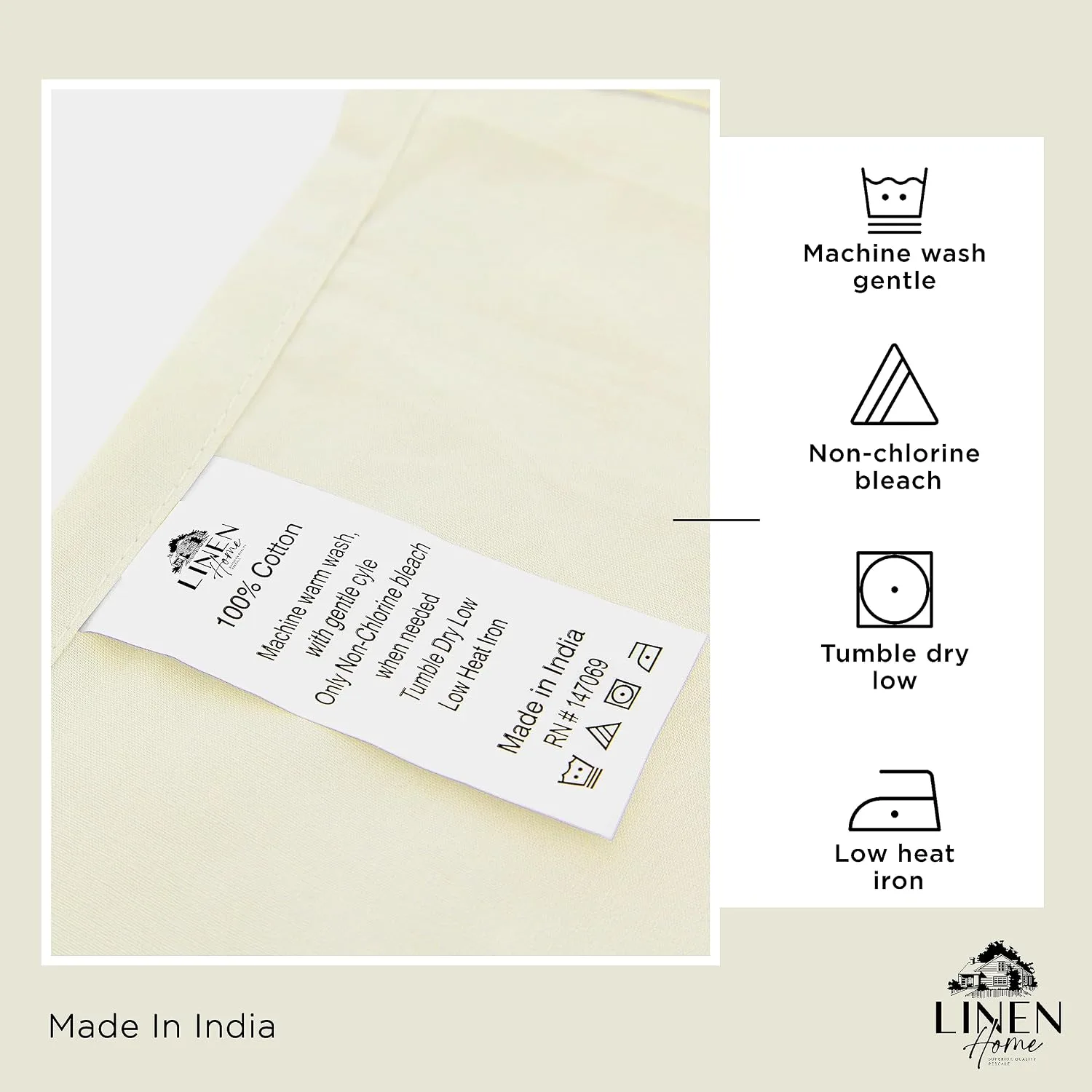 Linen Home 100% Cotton Percale King Sheets, 4 Pc Cooling Set - Cream